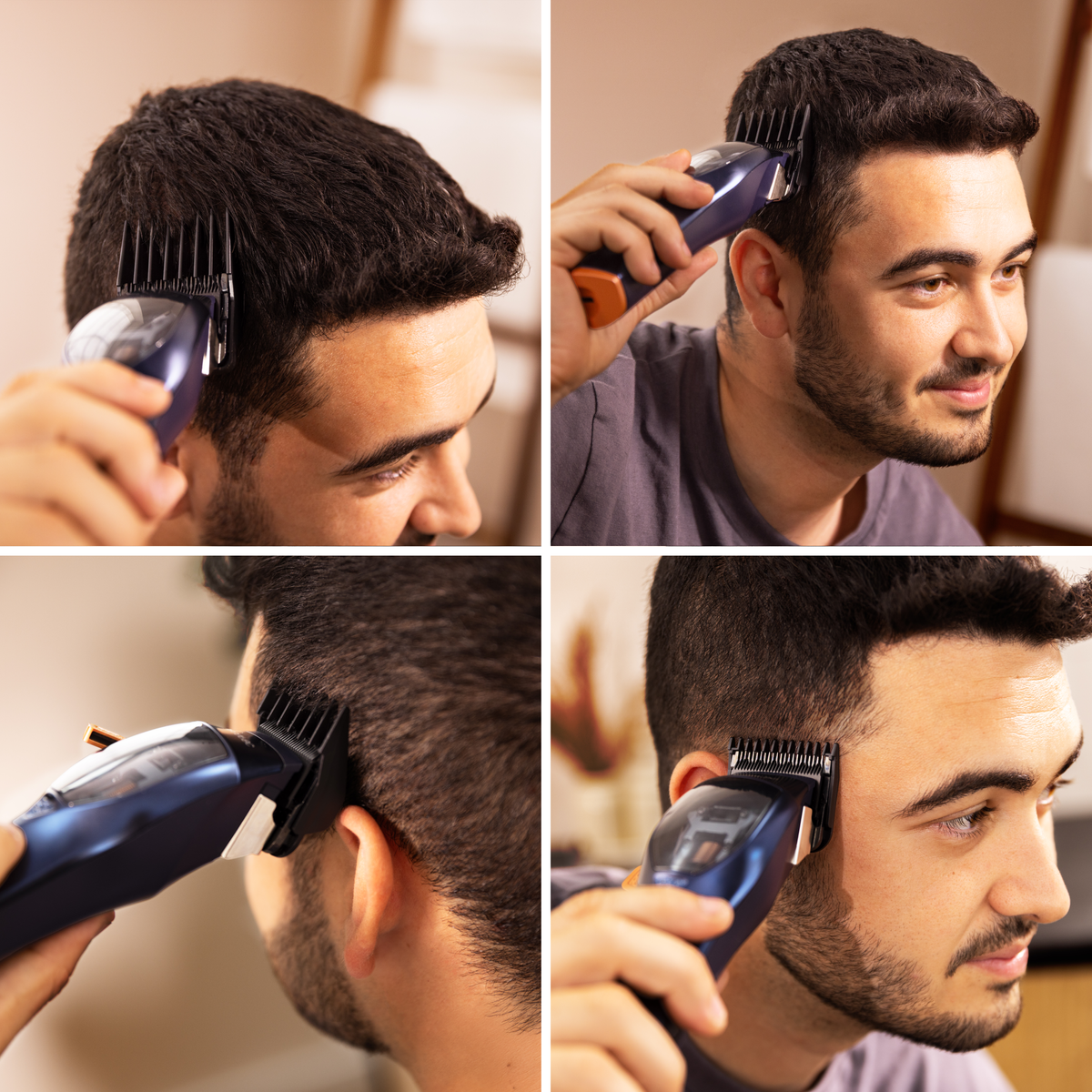 Un uomo si taglia i capelli con un tagliacapelli elettrico. Il tagliacapelli è blu e nero. Si guarda allo specchio.