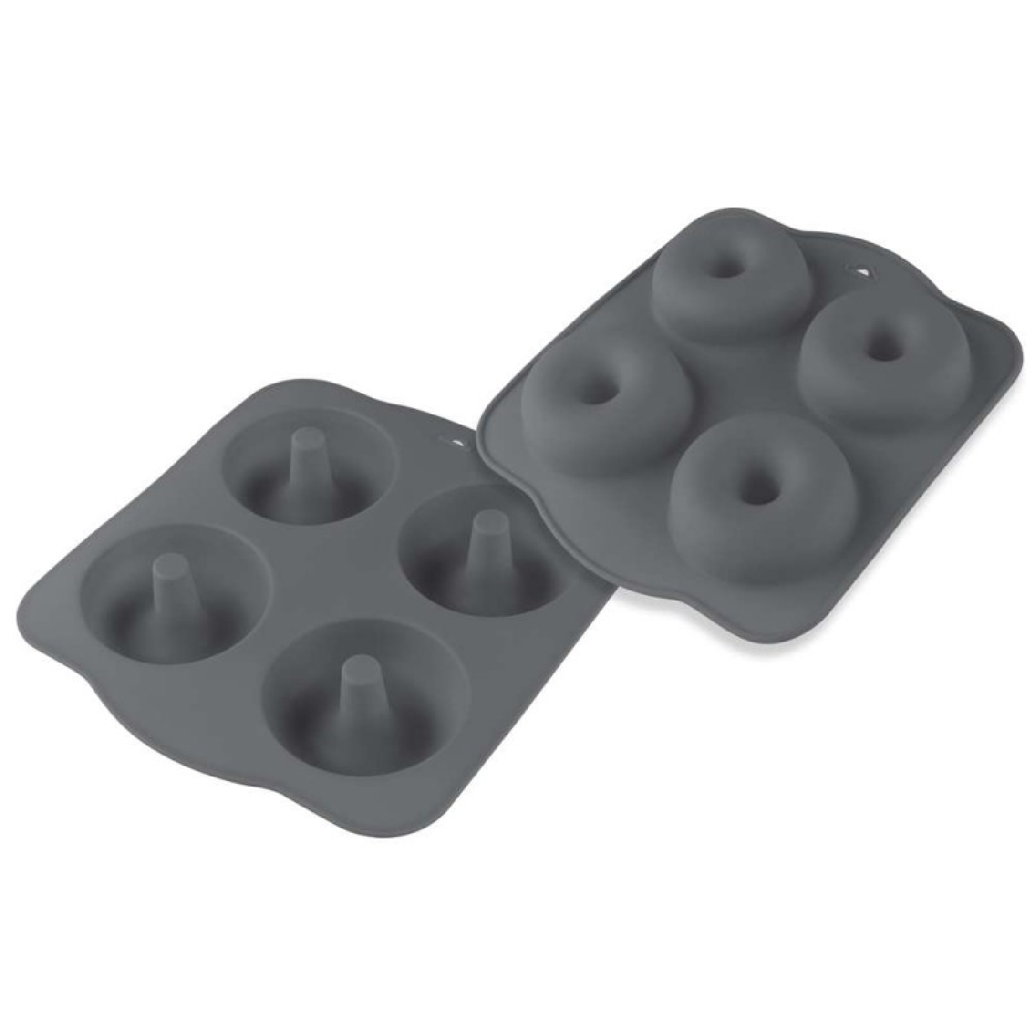 Dos moldes de silicona grises para donas. Cada molde tiene cuatro cavidades en forma de dona. Los moldes están sobre un fondo blanco.