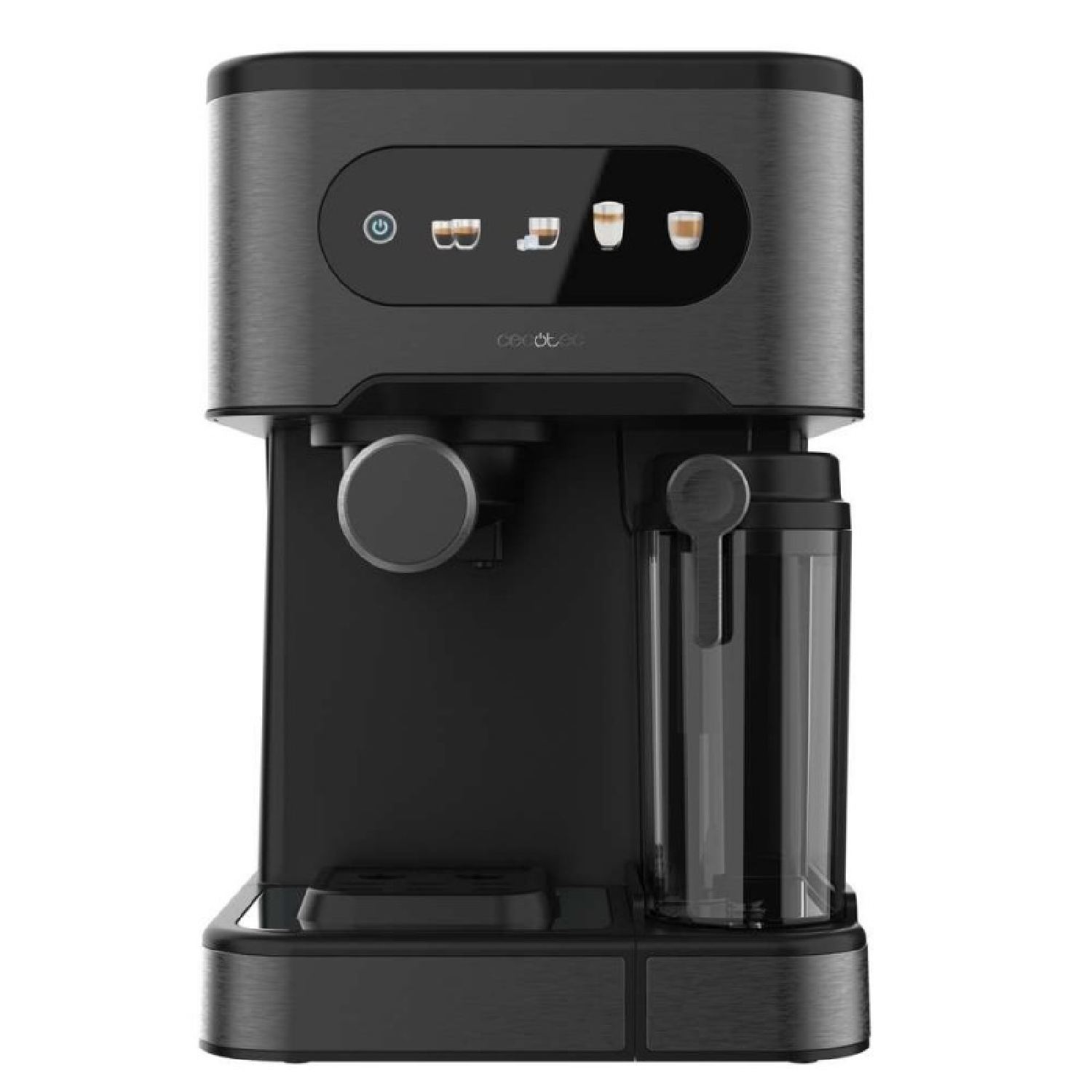 Una máquina de espresso negra y gris con botones, un portafiltro y un depósito de agua.