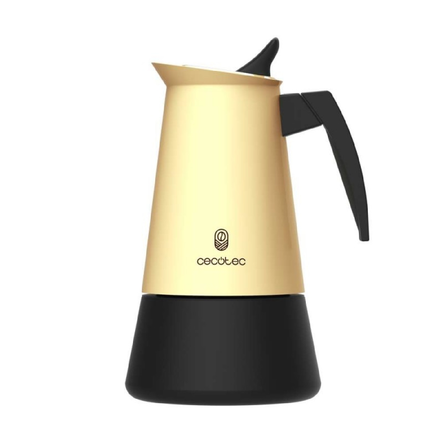 Una caffettiera Cecotec oro e nera. La base è nera, il corpo è oro, il manico e il coperchio sono neri.