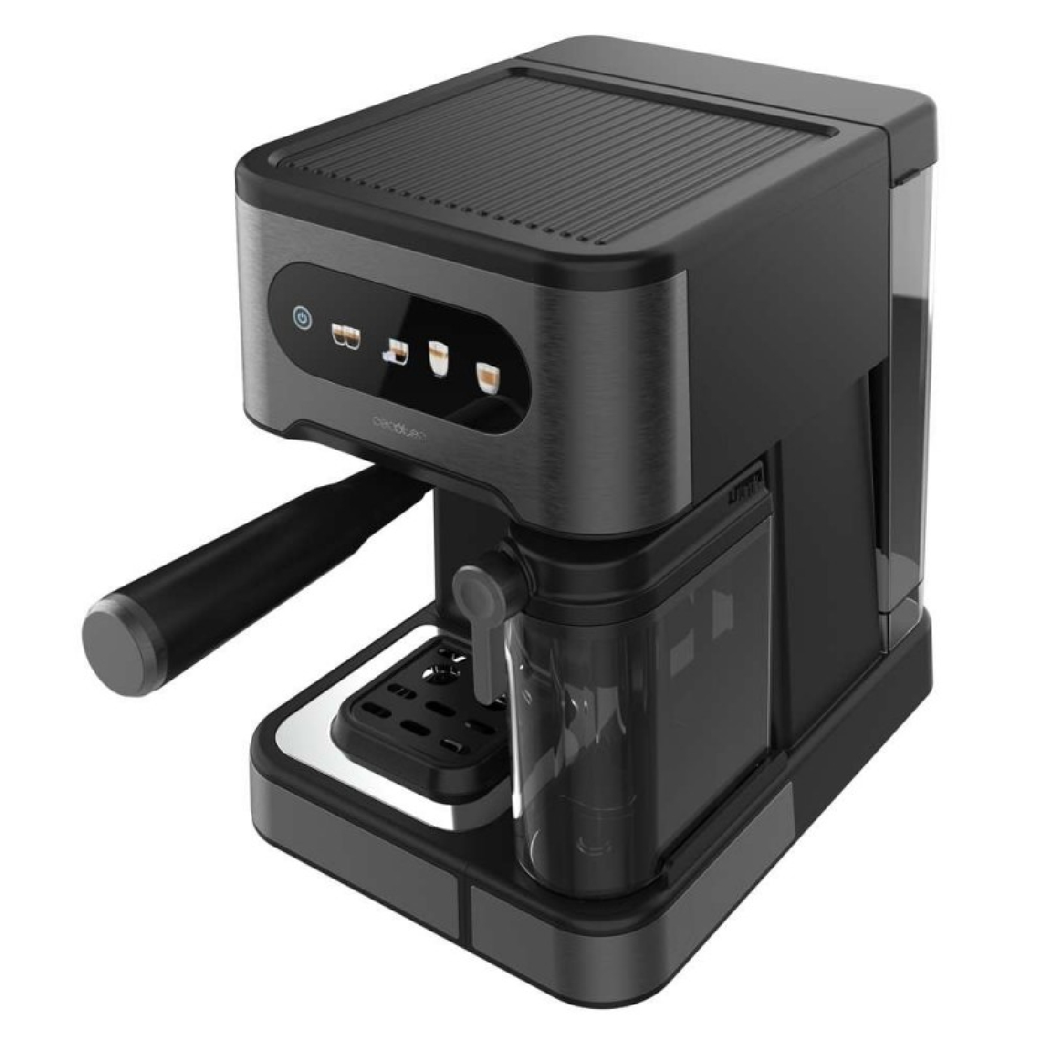 Una cafetera espresso negra y gris con depósito de agua, vaporizador y botones para diferentes ajustes de café.