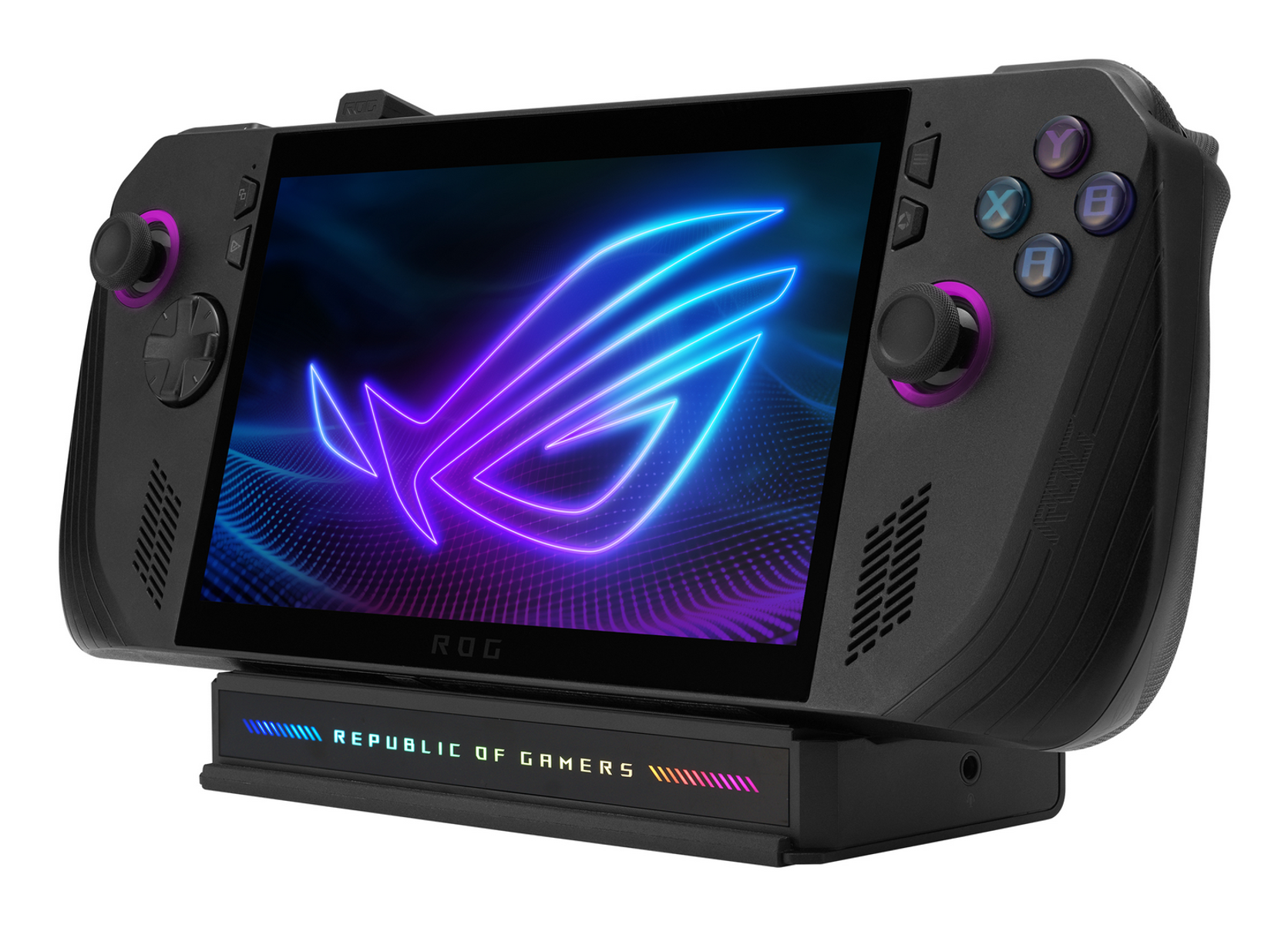 Dispositivo di gioco portatile nero con logo luminoso. È in una docking station. I pulsanti sono visibili lateralmente.