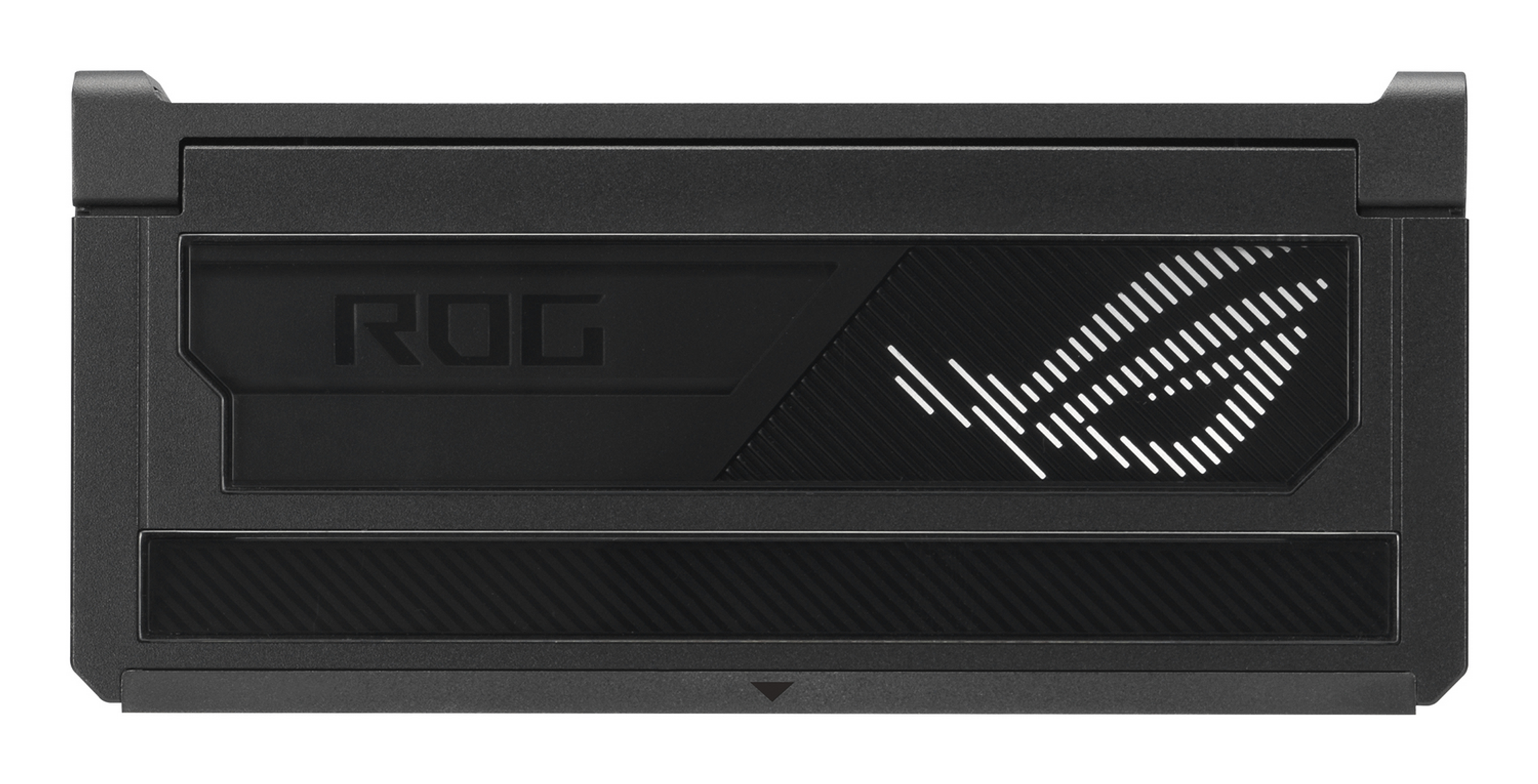Un dispositivo ROG nero. Ha il logo ROG e linee diagonali sul davanti. Il dispositivo è rettangolare e ha una superficie strutturata.