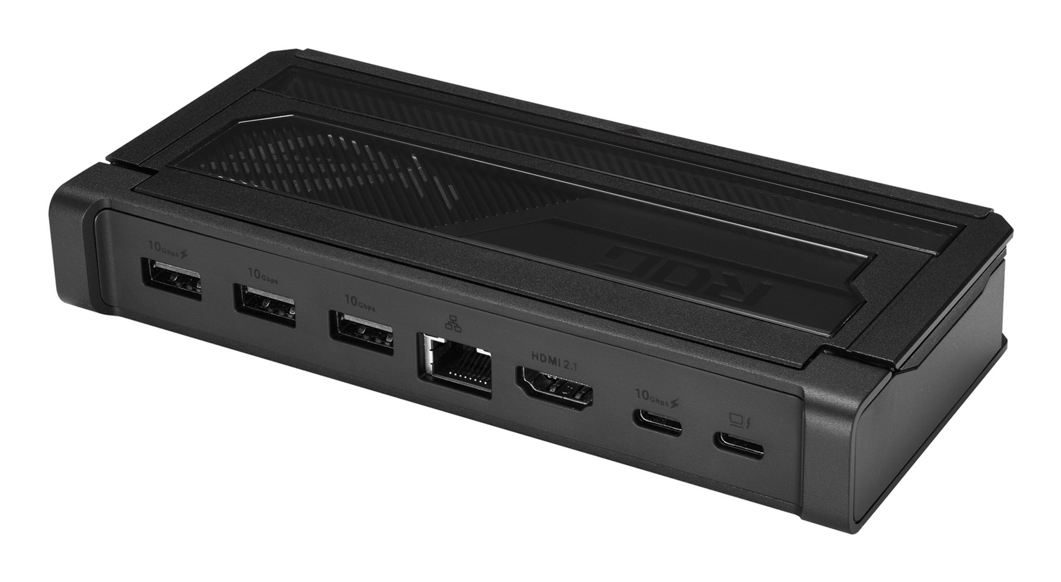 Un dispositivo rettangolare nero con più porte etichettate 10Gbps, HDMI 2.1 e USB-C. La parte superiore ha un logo ROG.