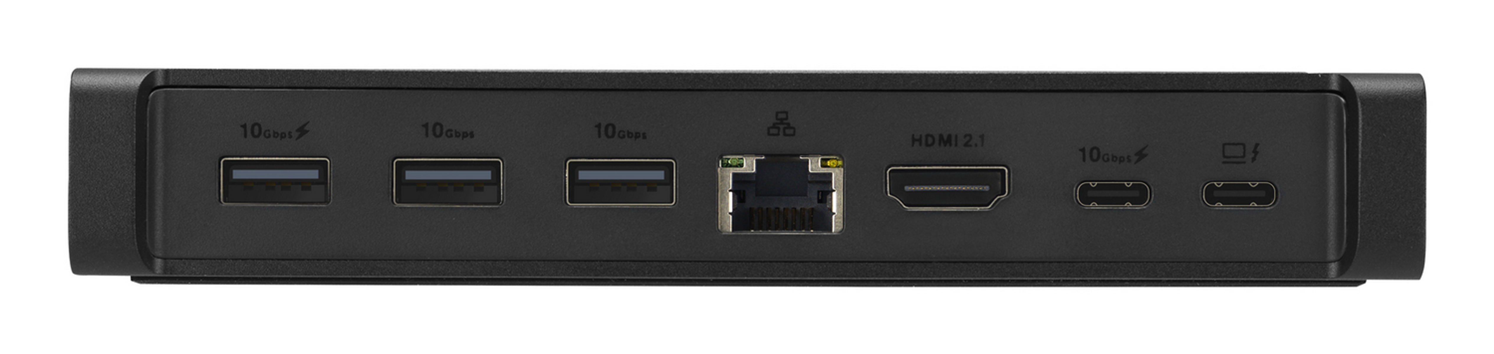 Docking station nera con più porte: USB, Ethernet, HDMI e USB-C. Sfondo bianco.