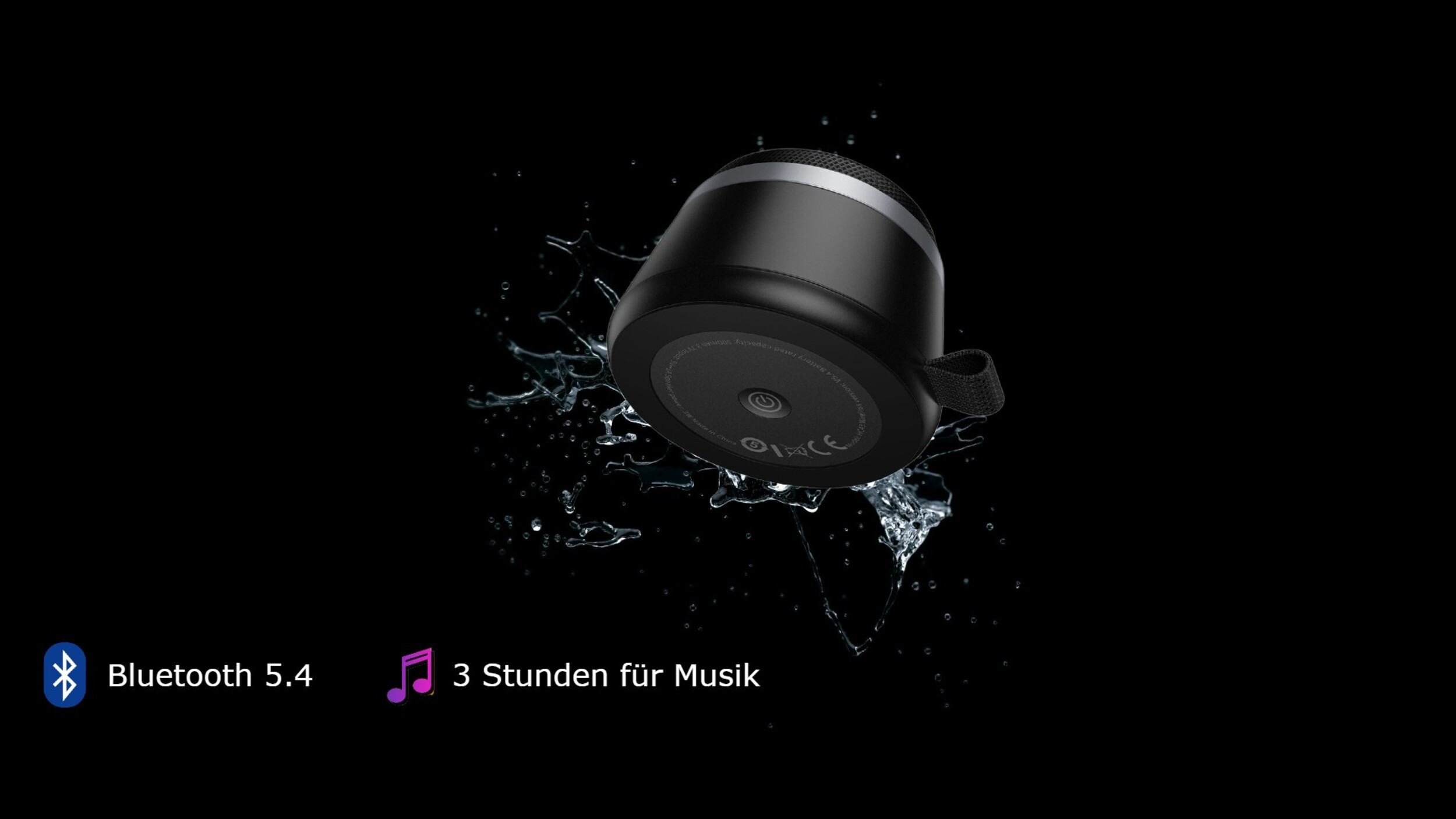 Schwarzer Lautsprecher mit Wasserspritzer auf schwarzem Hintergrund. Eigenschaften: Bluetooth 5.4, 3 Stunden Musik.