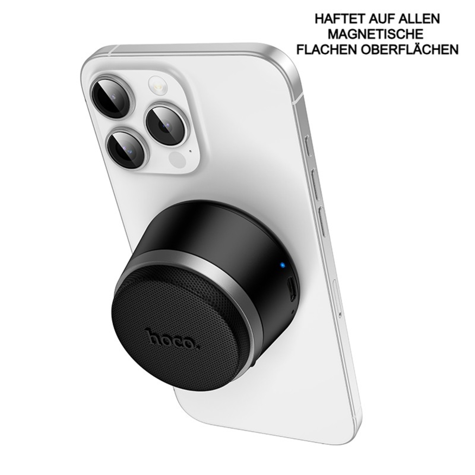 Ein weißes Telefon mit einem schwarzen Lautsprecher. Text oben besagt, dass es an magnetischen Oberflächen haftet.