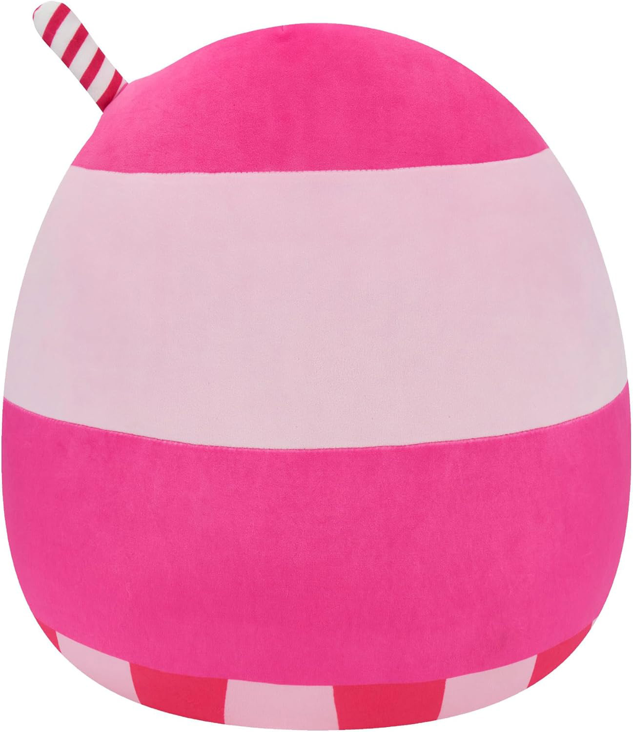 Ein rundes, rosa Plüschtier mit weißen und rosa Streifen. Es hat einen zuckerstangenartigen Stiel oben. Das Spielzeug ist weich und kuschelig.