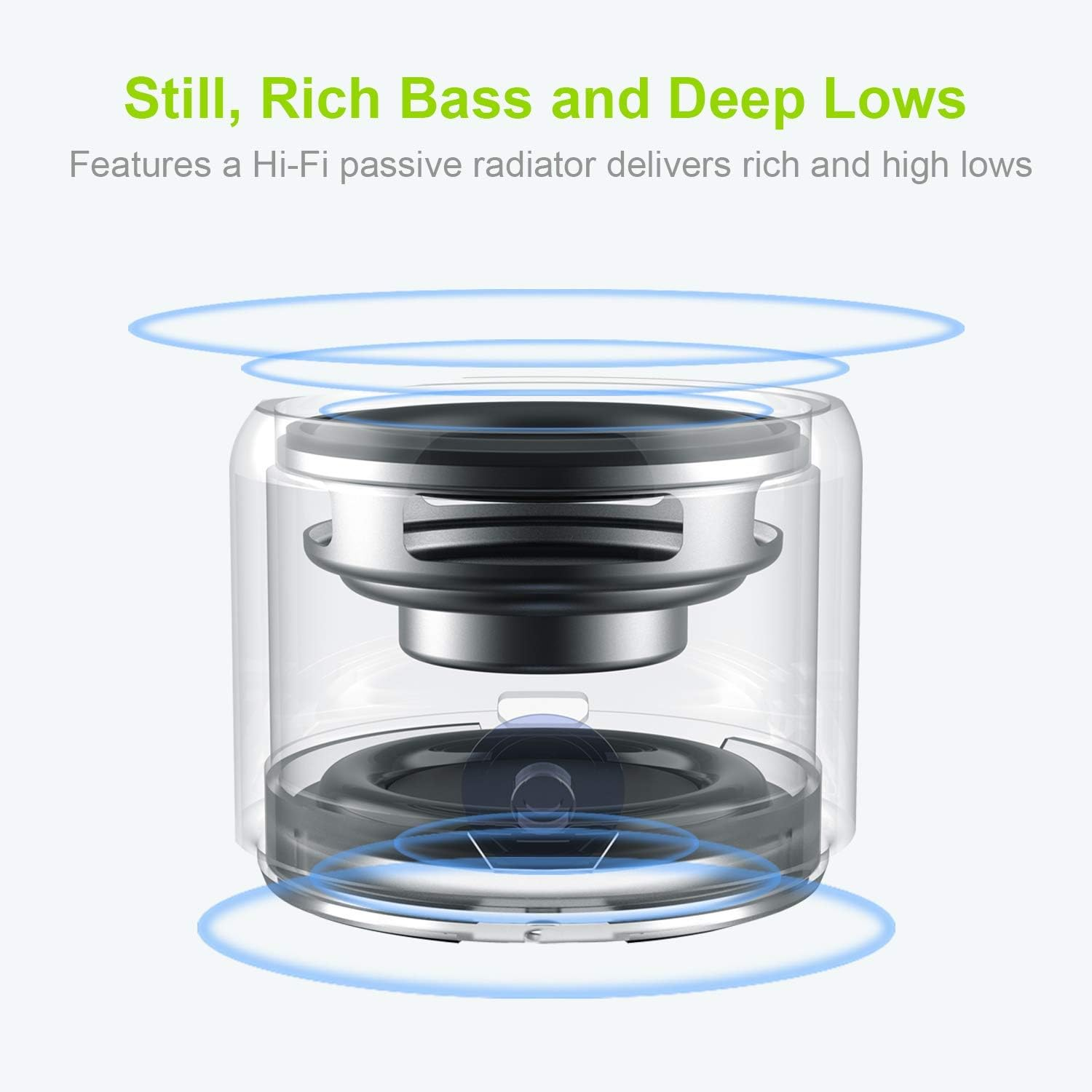 Ein transparenter Lautsprecher zeigt interne Komponenten. Der Text oben lautet: Still, Rich Bass and Deep Lows.