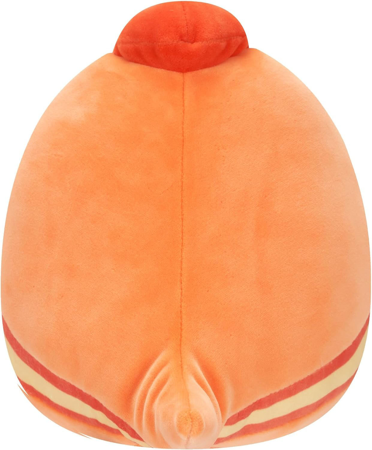 Ein weiches, orangefarbenes Plüschtier mit roter Oberseite und gestreiftem Boden. Das Spielzeug hat eine ovale Form mit einer detaillierten Naht in der Mitte.