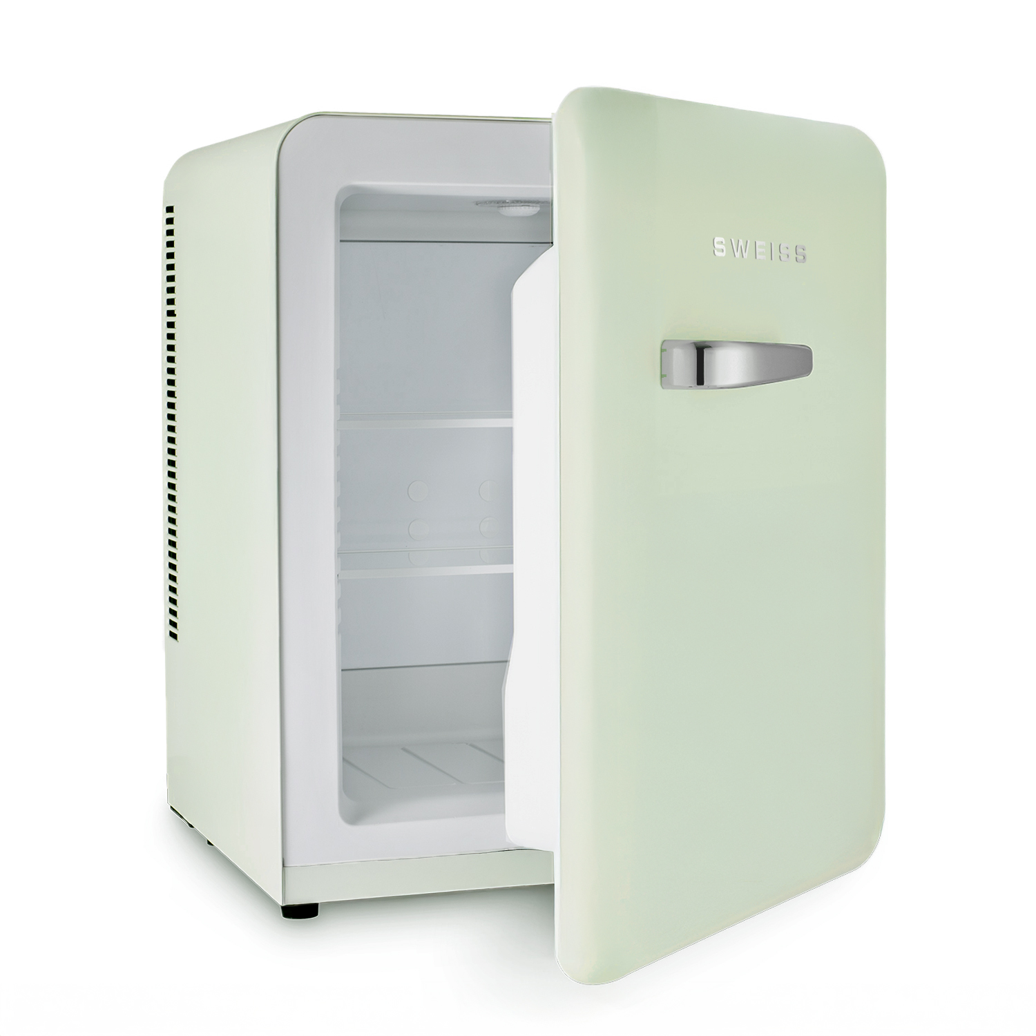 Ein mintgrüner Mini-Kühlschrank mit geöffneter Tür. Das Innere ist weiß. Der Markenname SWEISS ist auf der Tür zu sehen.