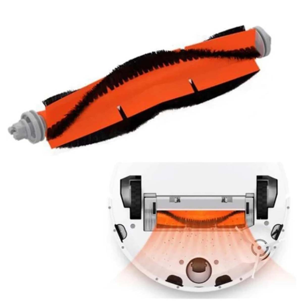 Eine orangefarbene und schwarze Staubsaugerbürste über einem Diagramm, das die Bürste in einem weißen Roboterstaubsauger zeigt.