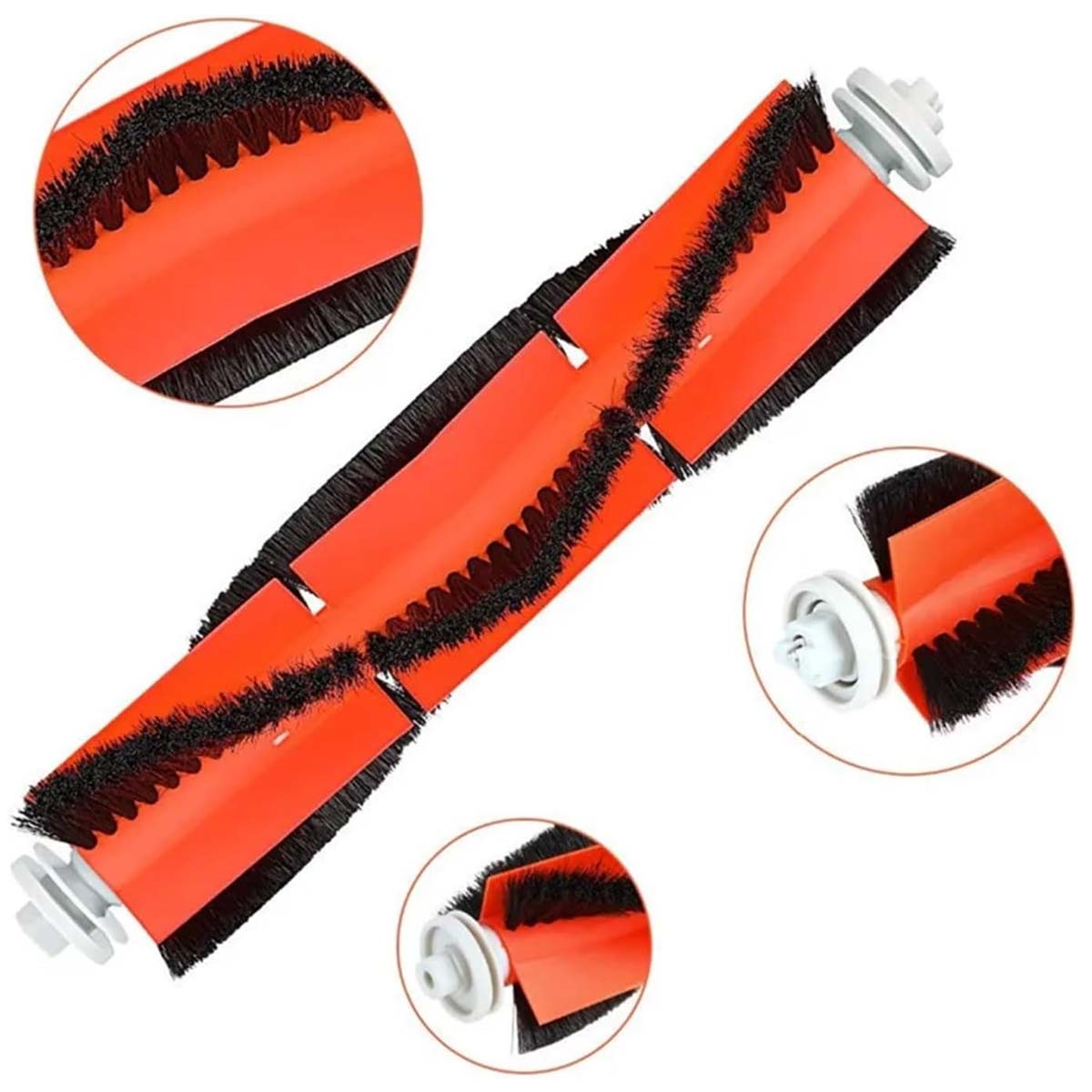 Eine Staubsaugerbürste mit schwarzen Borsten und einer orangenen Basis. Weiße Räder befinden sich an den Enden und in vergrößerten Kreisen.