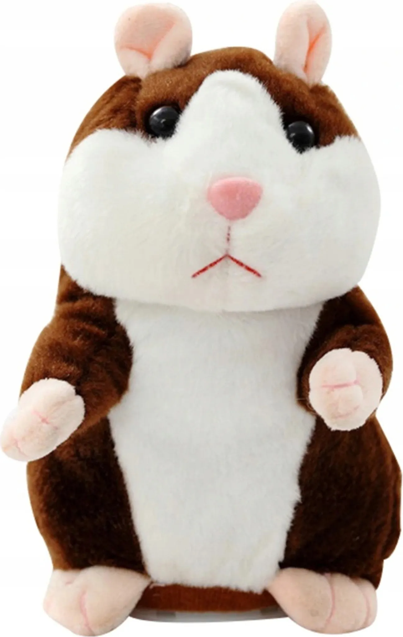 Ein Plüschhamster-Spielzeug. Es hat braunes und weißes Fell, rosa Ohren, Nase und Pfoten sowie schwarze Augen. Es sieht niedlich und freundlich aus.