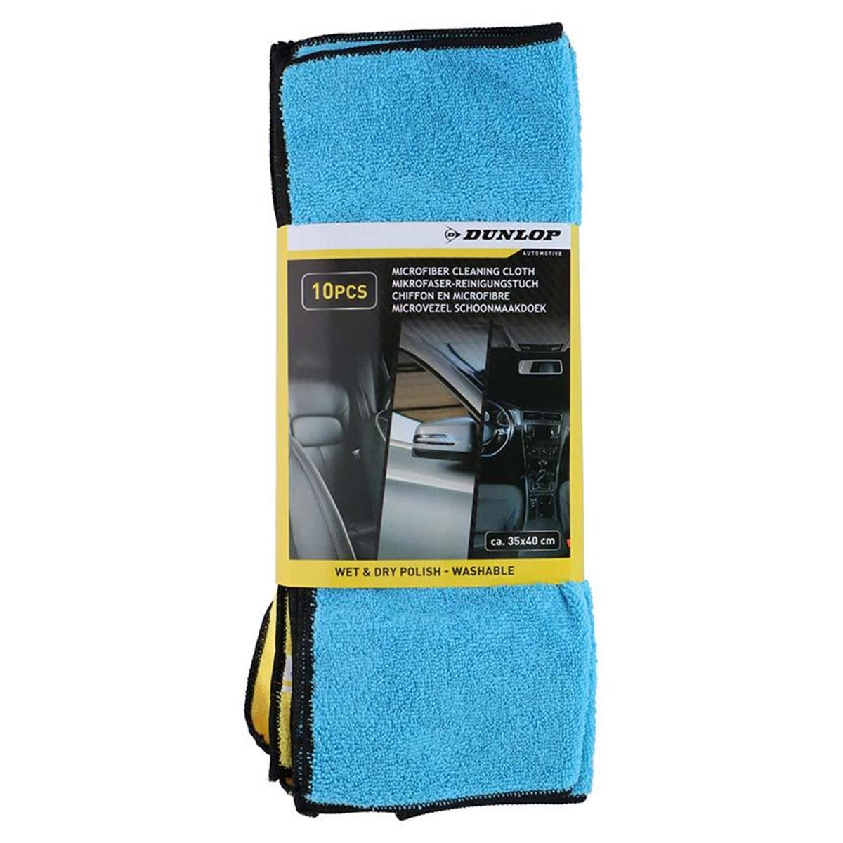 Un paquete de paños de limpieza de microfibra azules. El paquete muestra la marca Dunlop e imágenes del interior del coche.