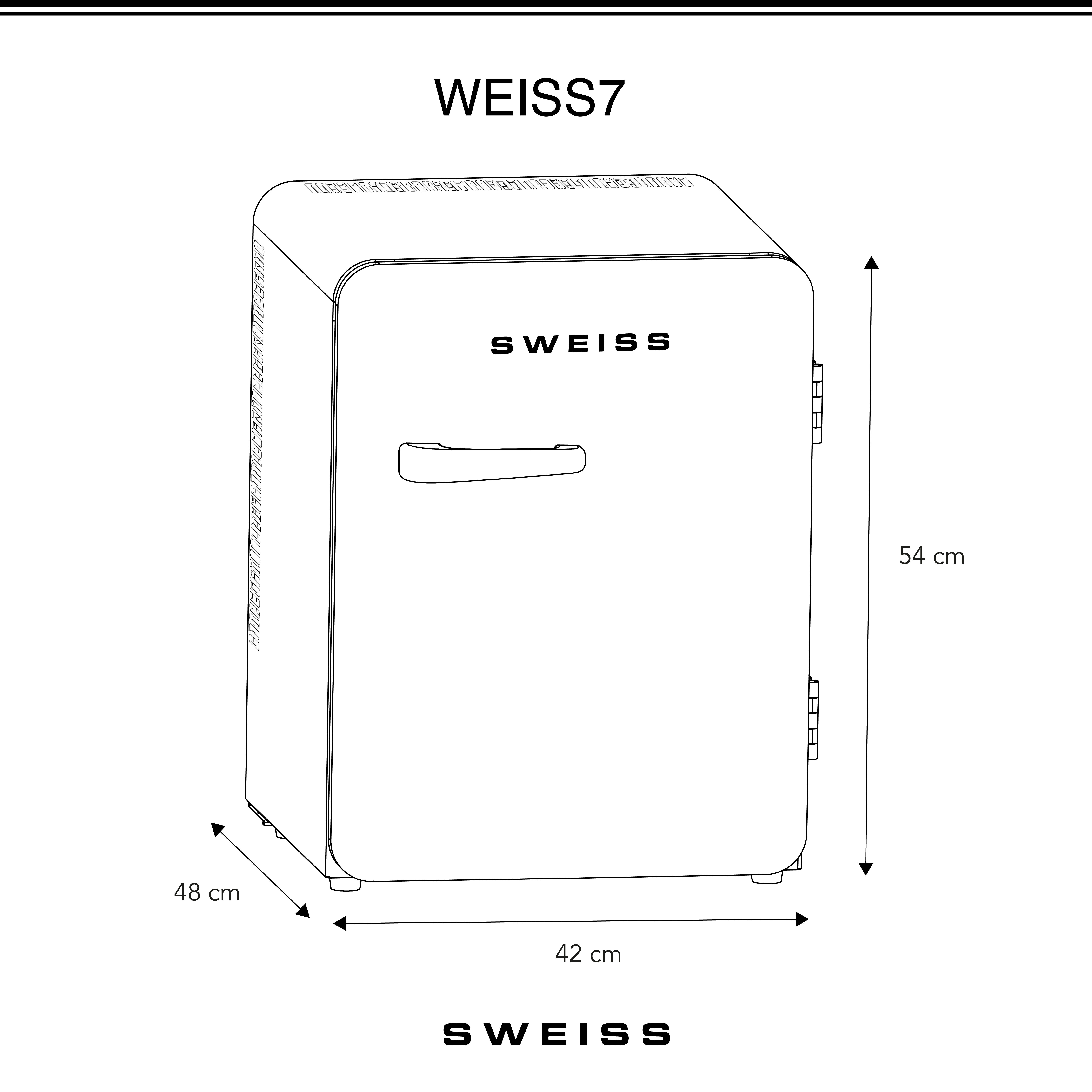 Un dibujo lineal de un mini refrigerador blanco con dimensiones. La marca es WEISS y SWEISS.