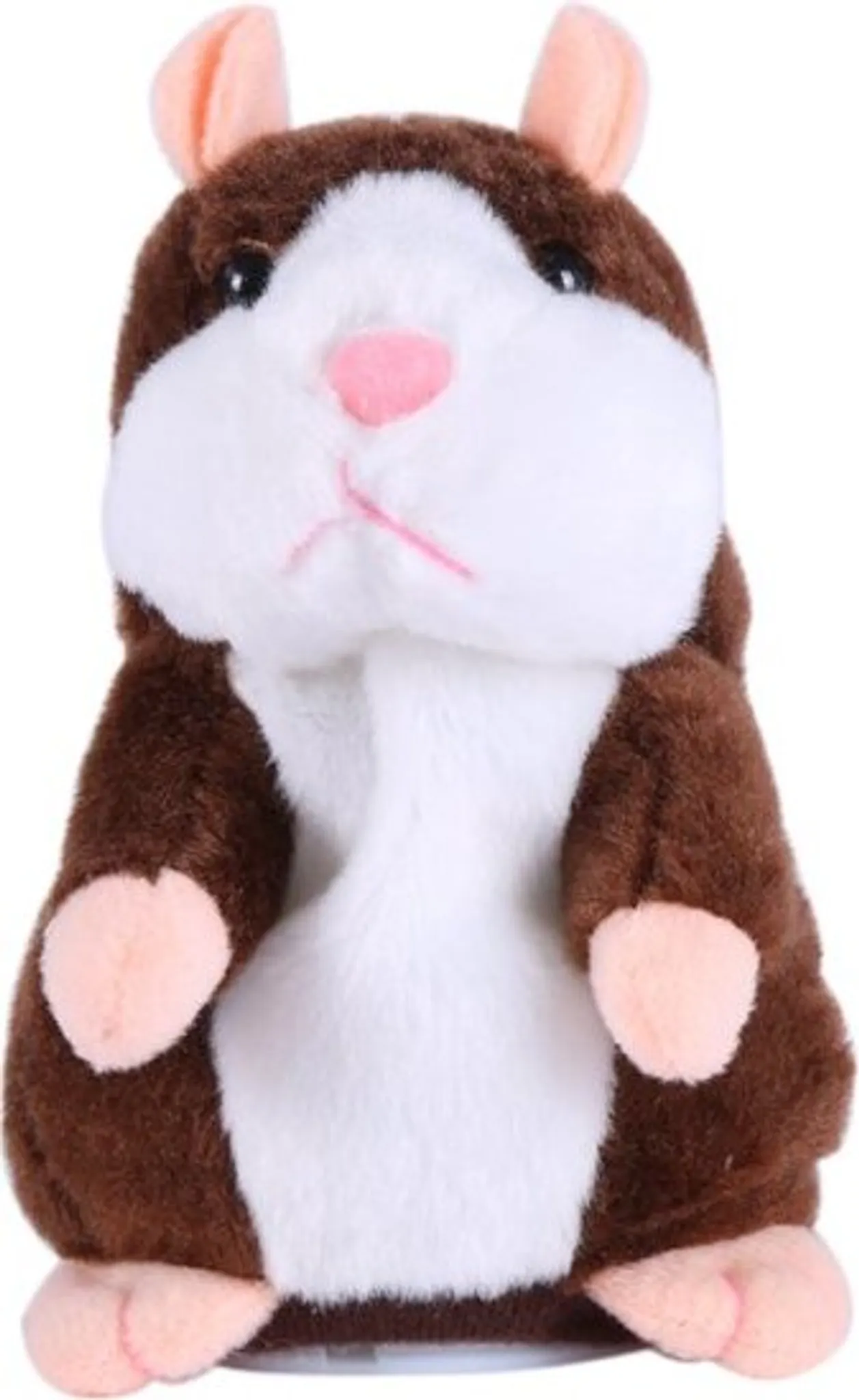 Ein Plüschtier-Hamster mit braunen, weißen und rosa Farben. Er hat kleine Ohren, eine rosa Nase und scheint ein sprechendes Spielzeug zu sein.