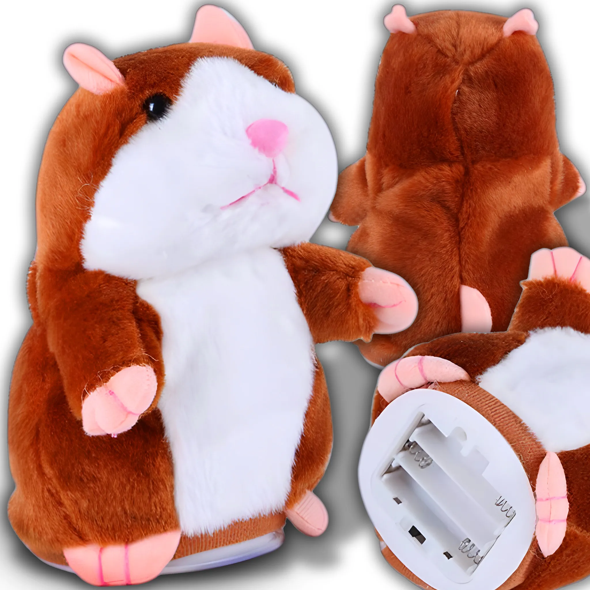 Ein braunes und weißes Hamster-Plüschtier mit rosa Ohren, Nase und Pfoten. Mehrere Ansichten zeigen die Details.