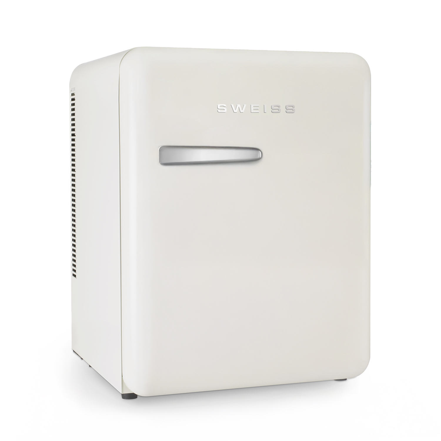 Ein cremefarbener Mini-Kühlschrank mit dem Wort 'SWEISS'. Er hat einen silbernen Griff und steht auf weißem Hintergrund.