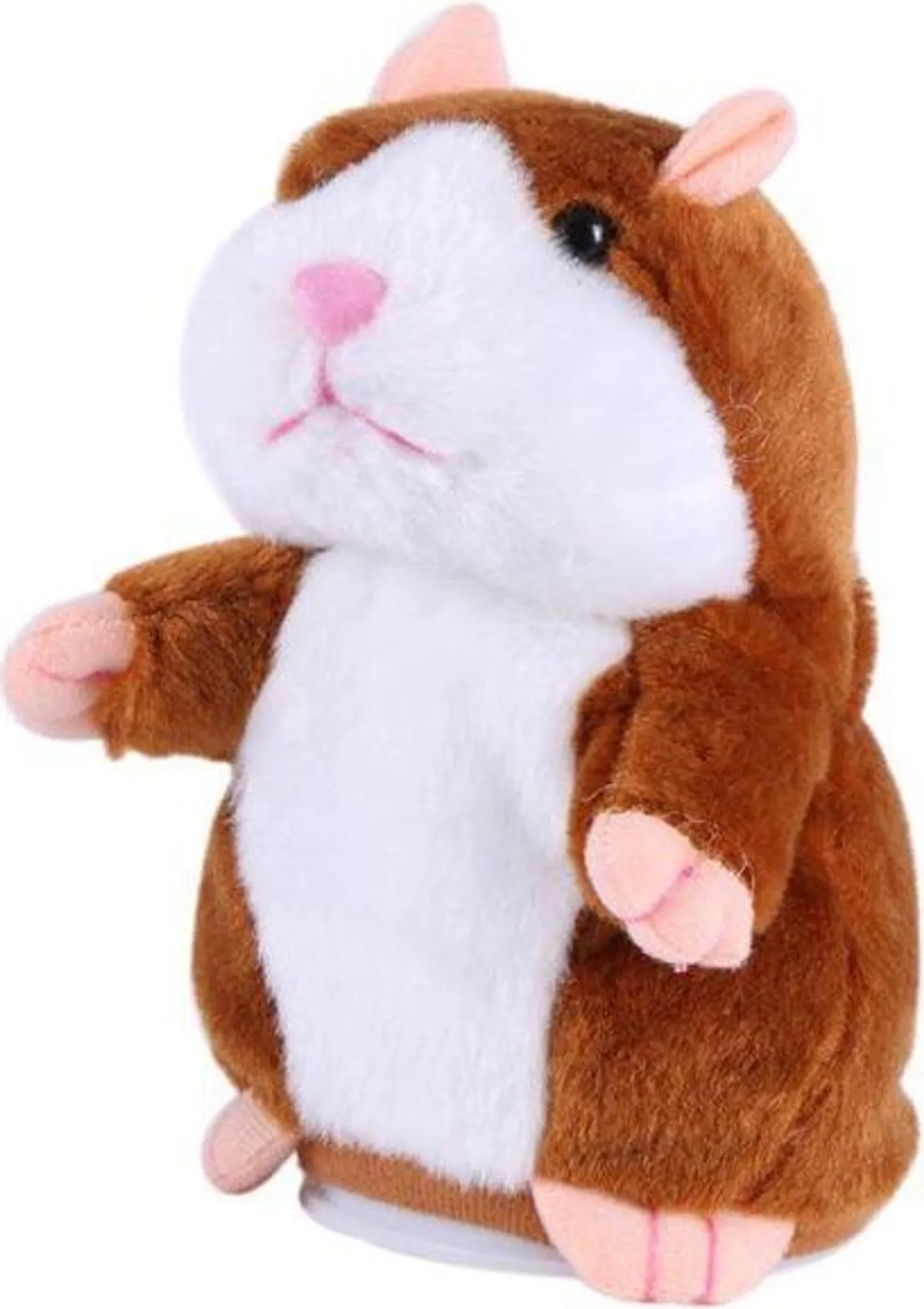 Ein Plüschtier-Hamster mit braunem Fell oben, weißem Bauch, rosa Ohren und Pfoten. Er steht und scheint ein sprechendes Spielzeug zu sein.