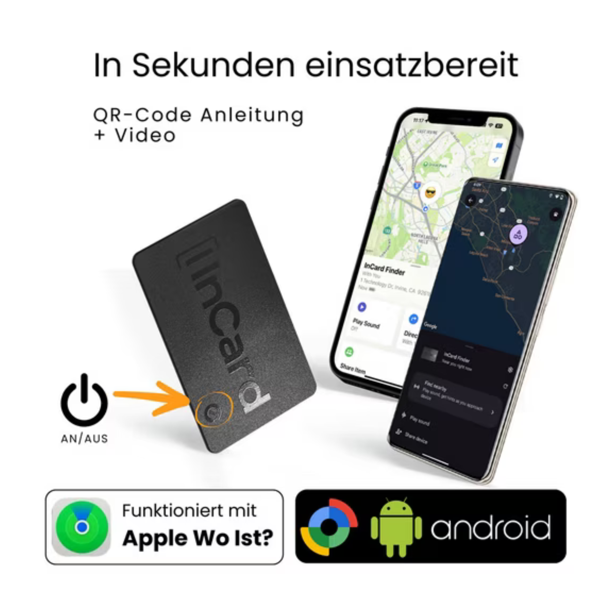Das Bild zeigt eine schwarze Karte, zwei Handys mit Karten und Logos für Android und Apple. Text: In Sekunden bereit.