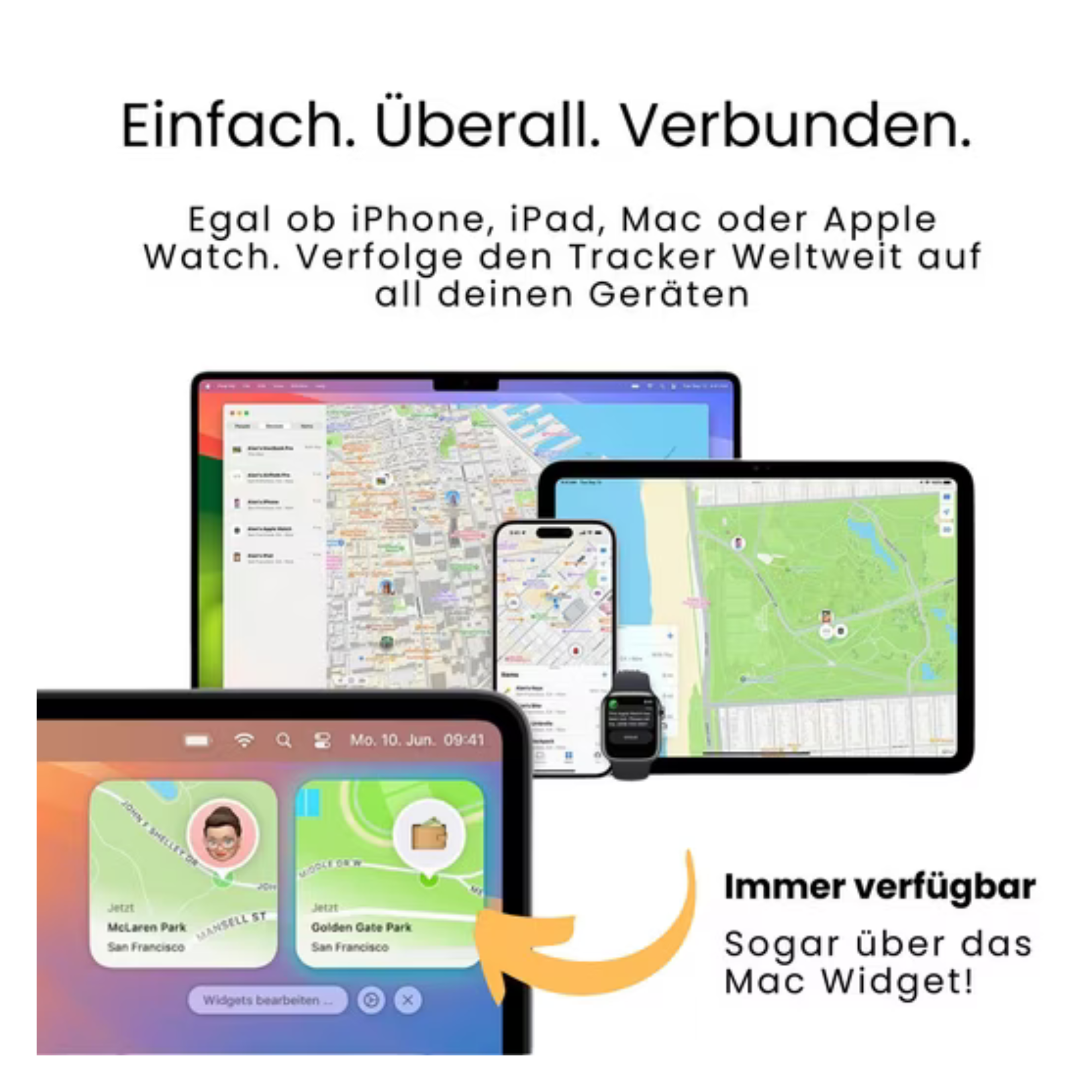 Bild zeigt iPhone, iPad, Mac und Apple Watch mit Karten, die Standortverfolgung hervorheben. Text: Einfach. Überall. Verbunden.