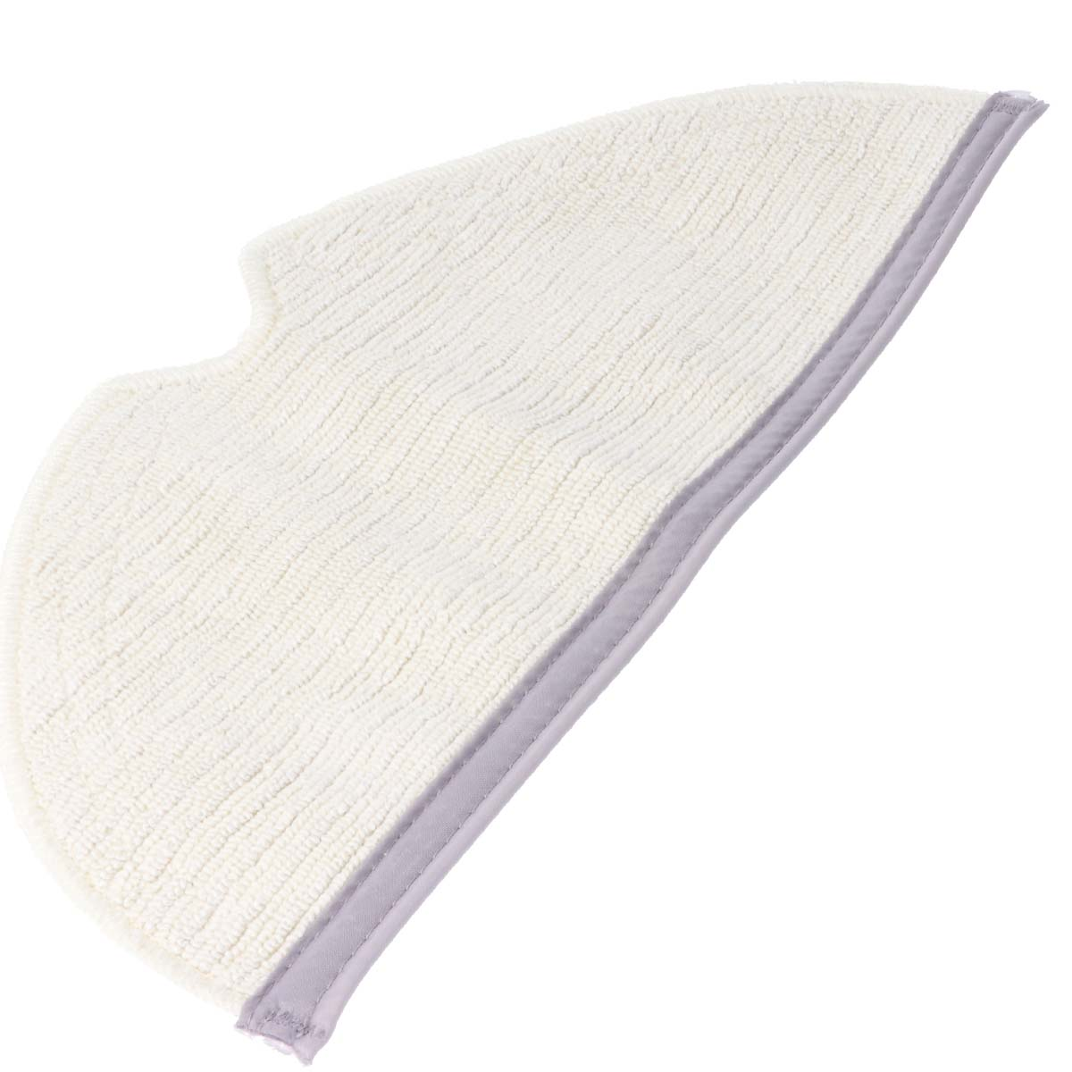 Ein weißes, halbmondförmiges Mopp-Pad mit grauem Rand. Das Pad hat eine strukturierte Oberfläche. Isoliert auf weißem Hintergrund.