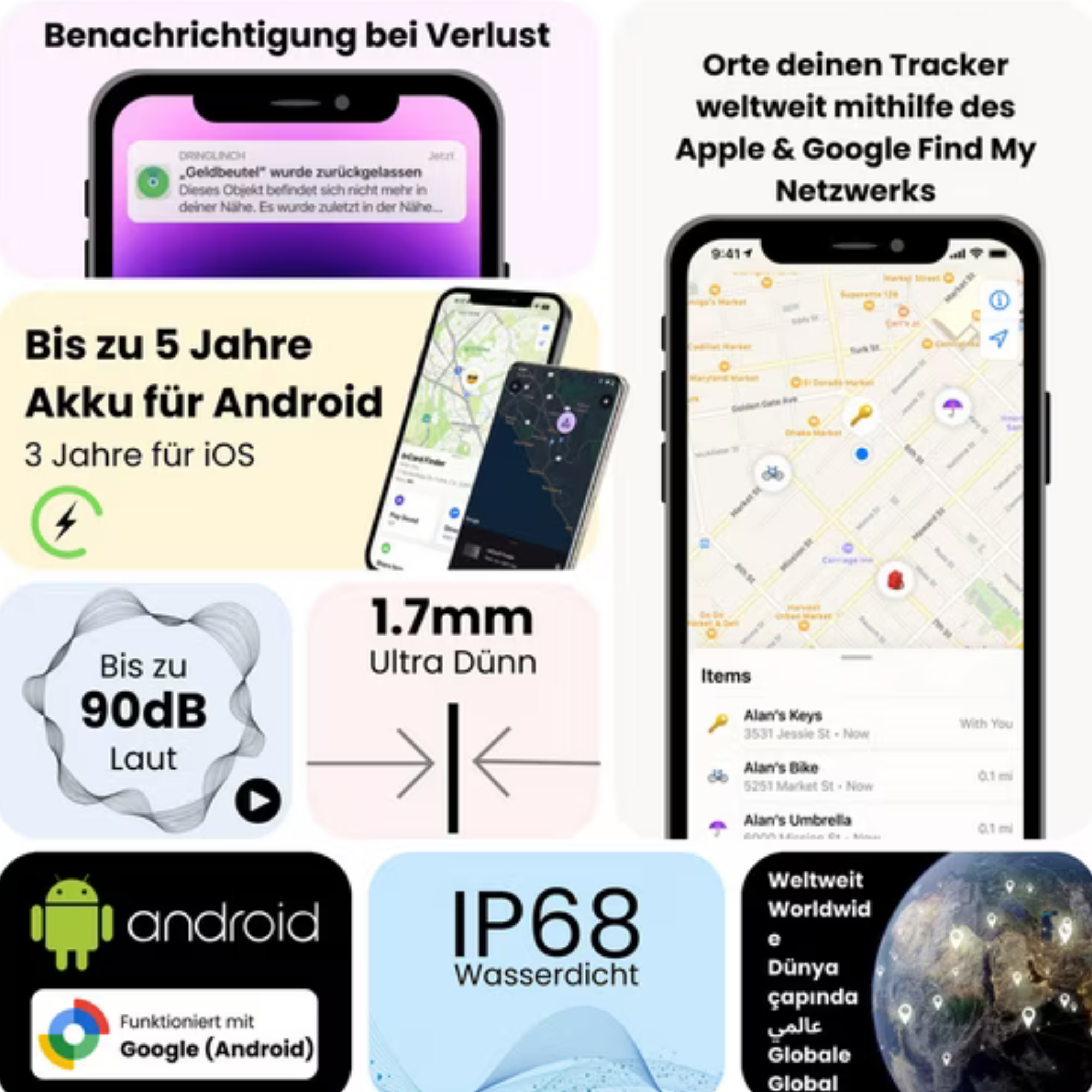 Das Bild zeigt ein Telefon mit einer Benachrichtigung und andere Telefone mit Karten. Der Text enthält Android und IP68 wasserdicht.