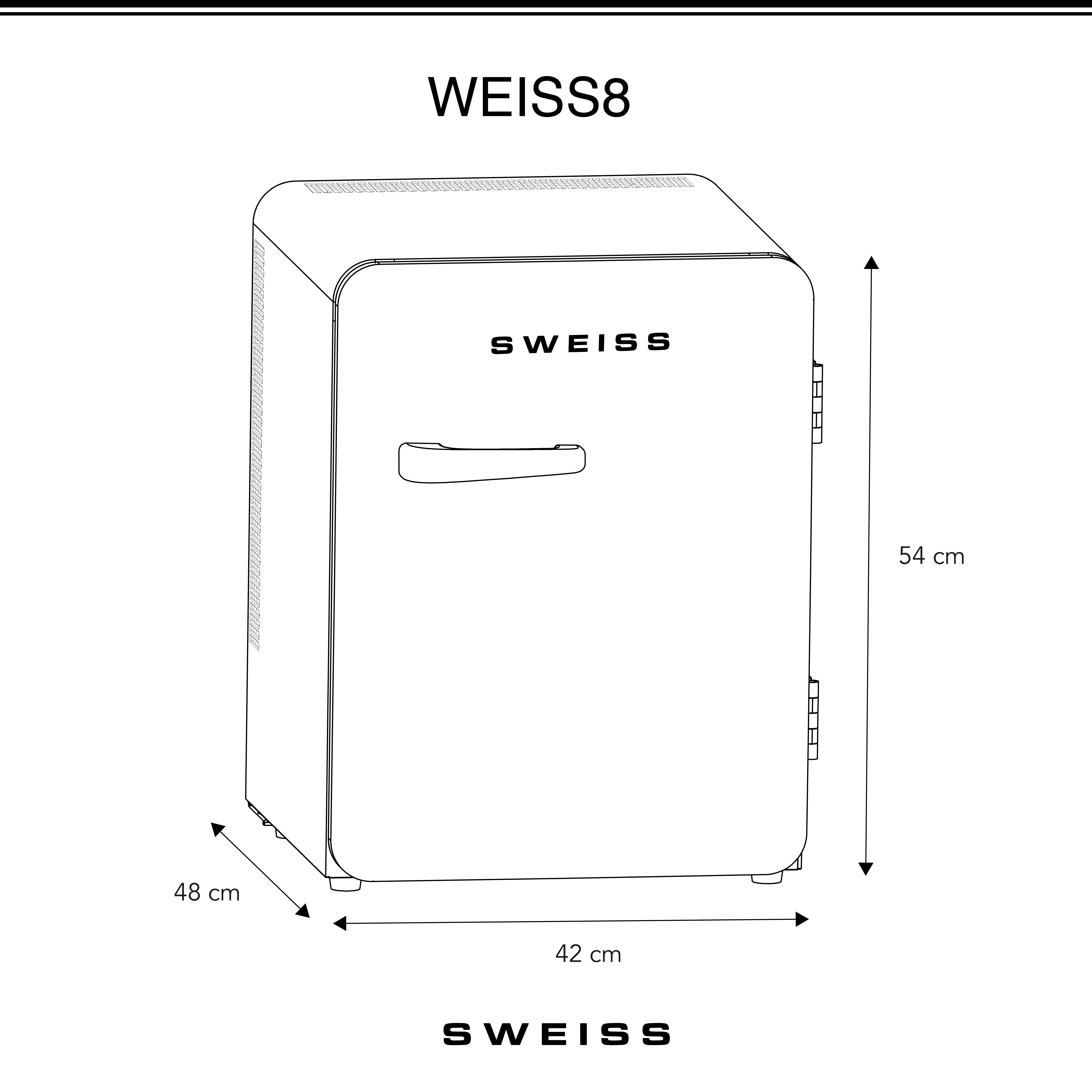 Dibujo lineal de una mini nevera blanca, con dimensiones. La marca es WEISS.