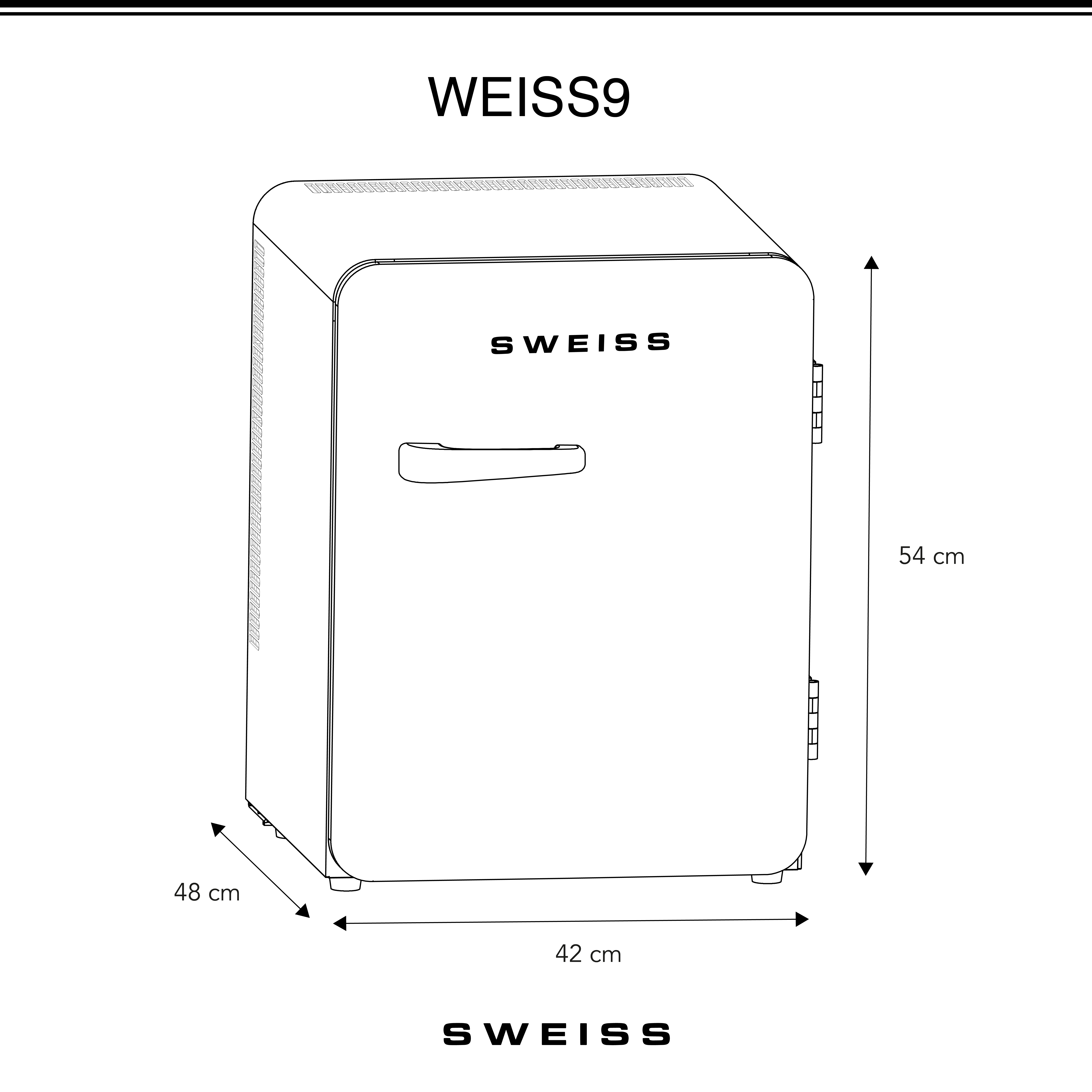 Dibujo lineal de un pequeño refrigerador blanco. La marca es WEISS9 y S WEISS. Las dimensiones están etiquetadas.