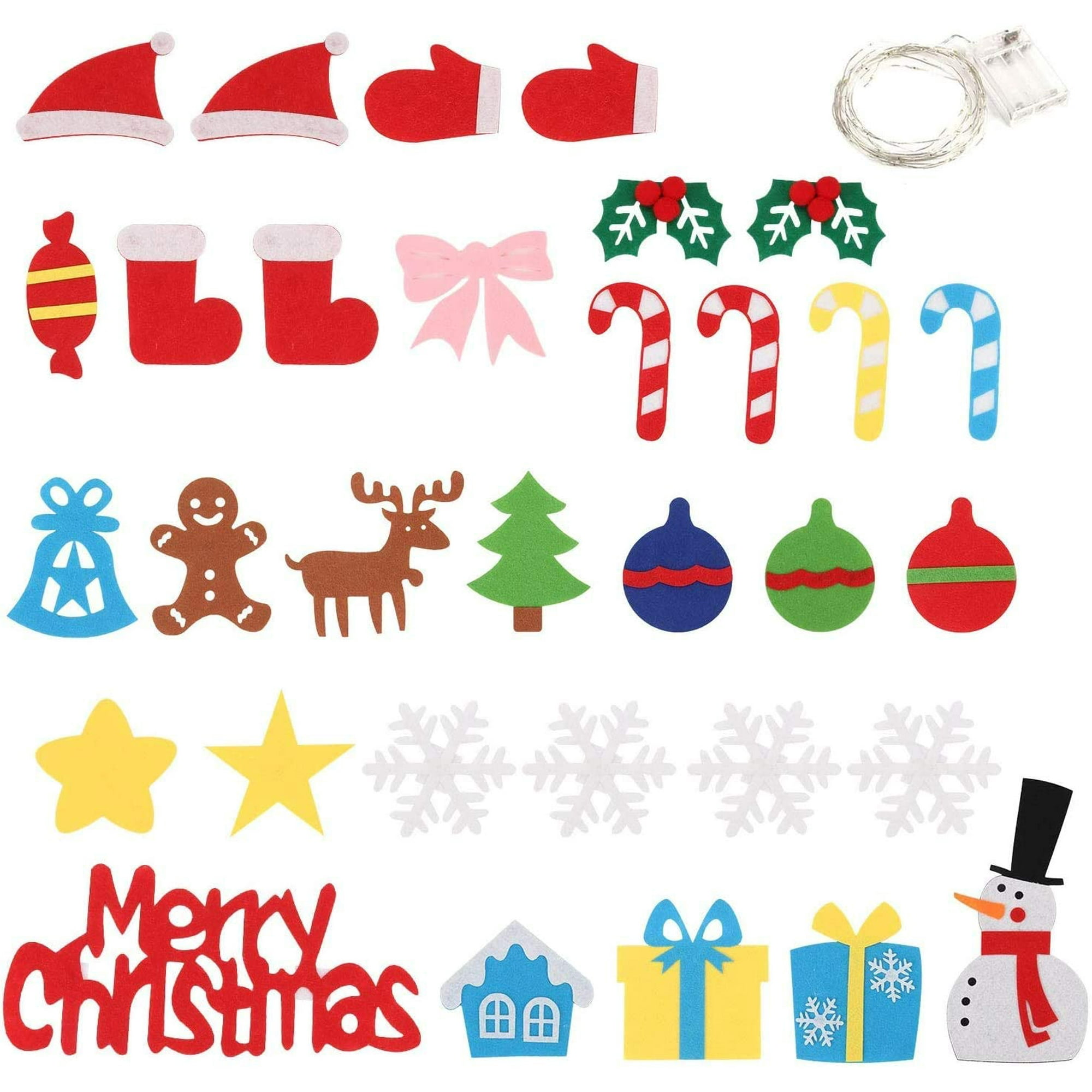 Weihnachtsdekorationen: Hüte, Fäustlinge, Zuckerstangen, Ornamente, Lebkuchenmann, Schneemann, Schneeflocken und Geschenkboxen.