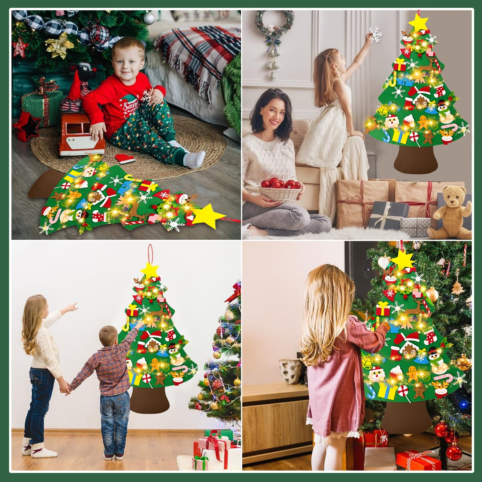 Vier Bilder zeigen Kinder und Erwachsene mit Weihnachtsbäumen. Einige sind echt, andere Filzdekorationen.