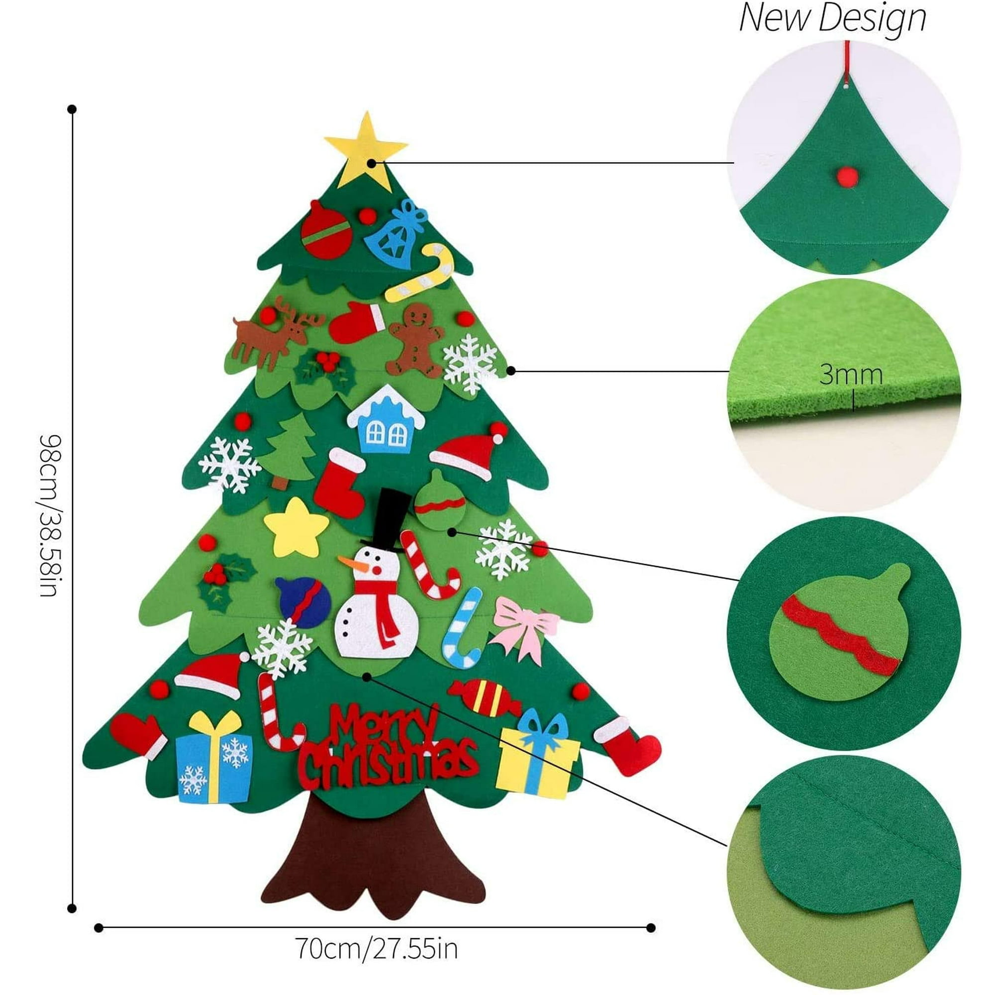 Ein Weihnachtsbaum aus Filz mit Verzierungen. Enthält einen Stern, Schneemann, Zuckerstangen und Geschenke. Maße: 98 cm x 70 cm.