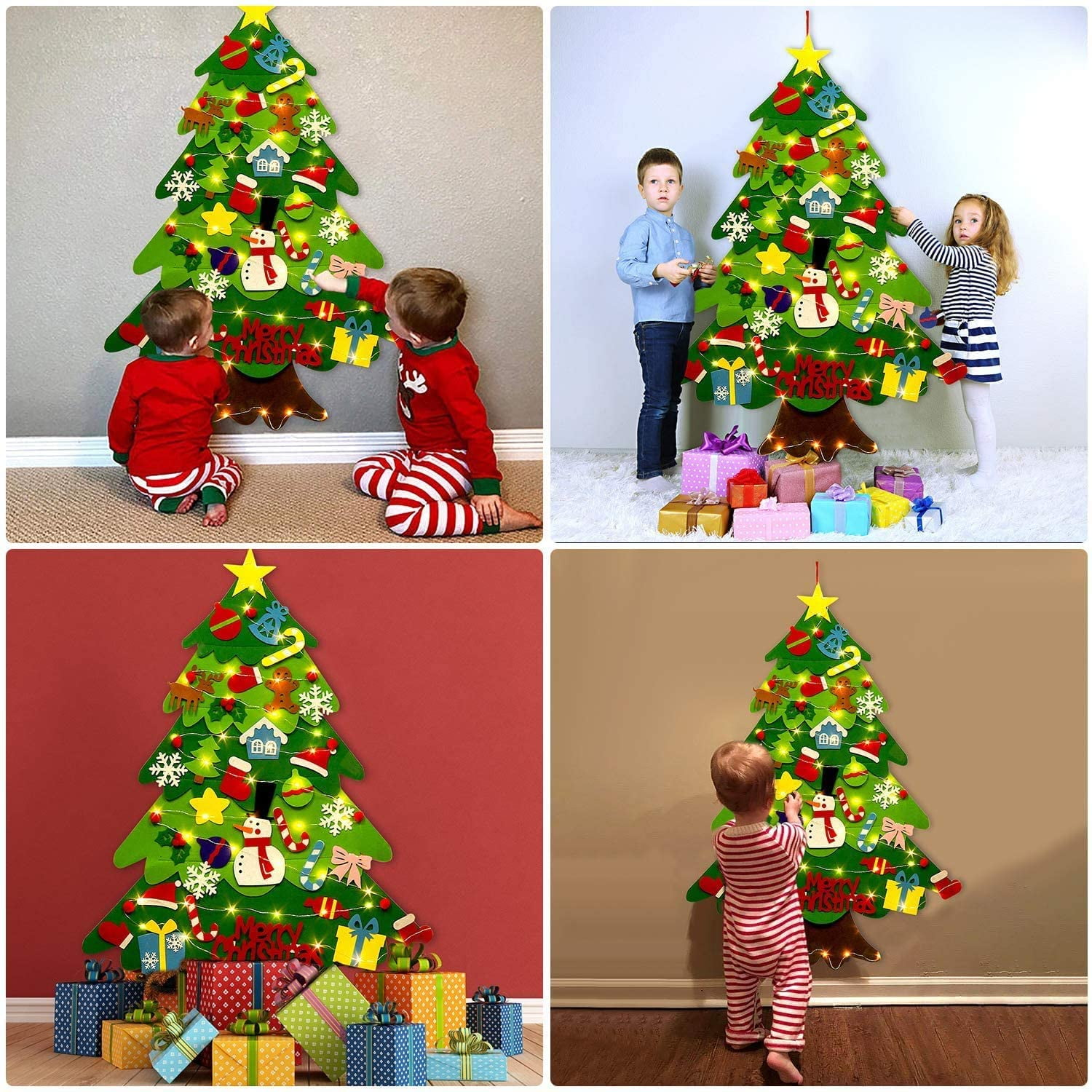 Vier Bilder zeigen einen Weihnachtsbaum aus Filz mit Ornamenten. Kinder interagieren mit dem Baum und Geschenke werden darunter platziert.