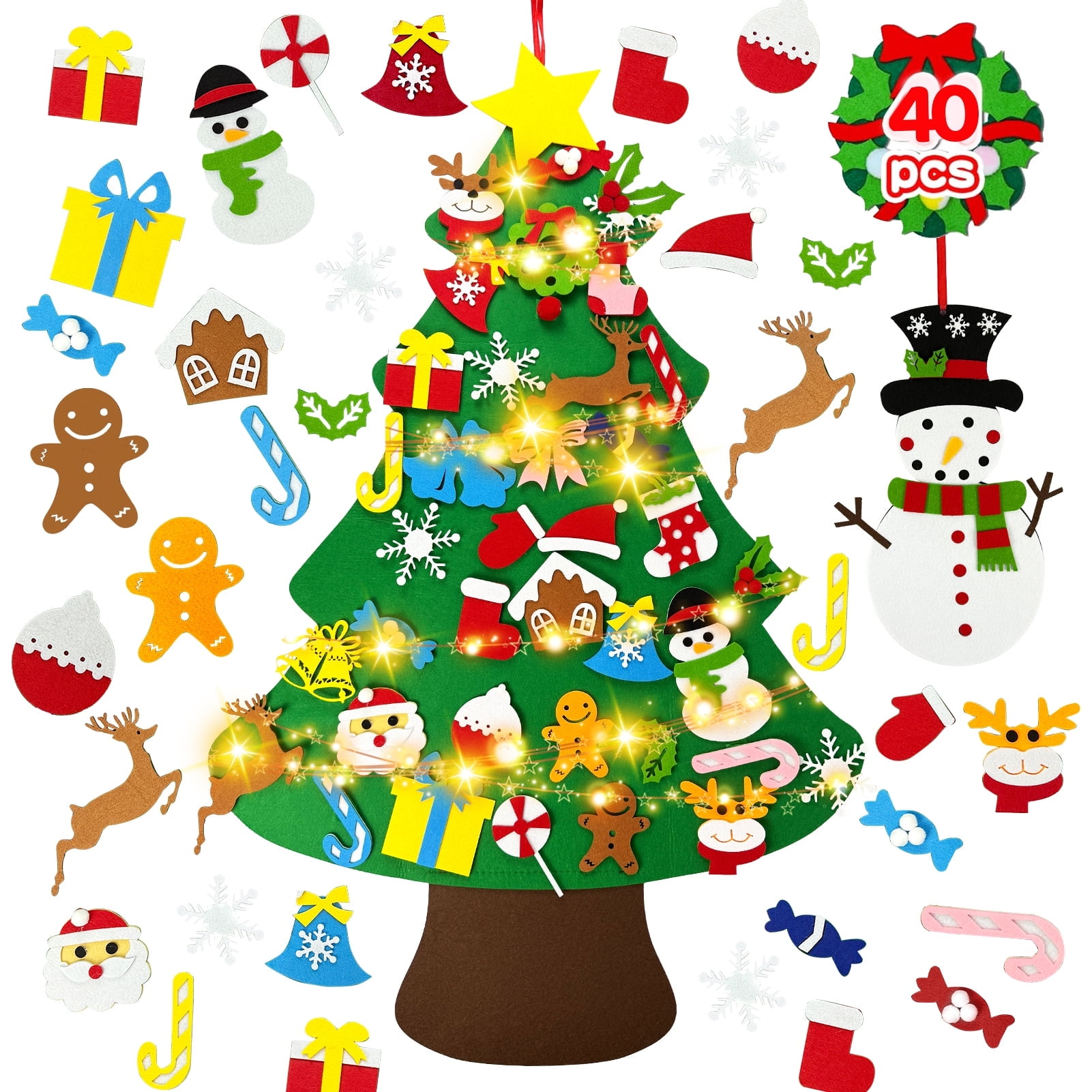Ein Weihnachtsbaum aus Filz, geschmückt mit Ornamenten, darunter Lebkuchenmänner, Schneemänner, Geschenke und Schneeflocken.