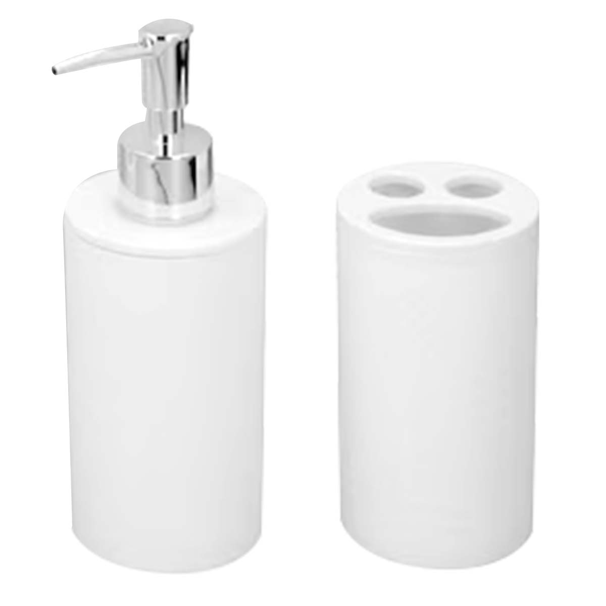 Dispensador de jabón blanco con bomba plateada y un porta cepillos blanco con tres agujeros, aislado sobre blanco.
