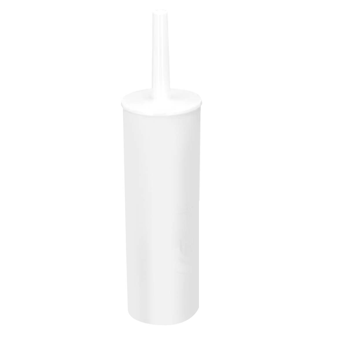 Un cepillo de inodoro blanco con mango largo y base cilíndrica sobre fondo blanco.