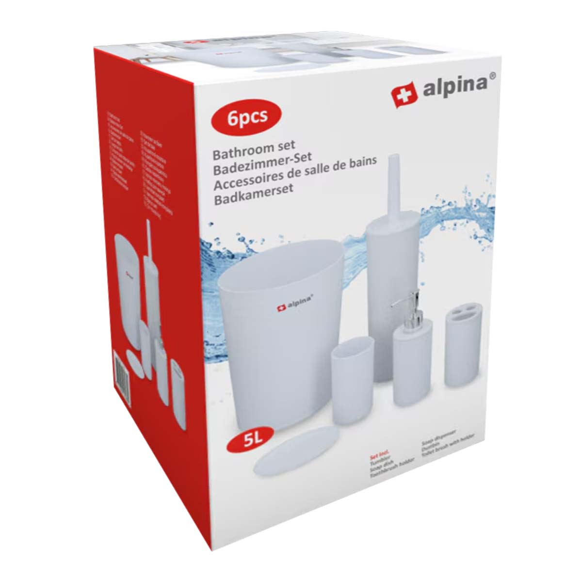 Una caja blanca de juego de baño con un logo. Incluye un cubo de basura, un porta cepillos, un dispensador de jabón y más.