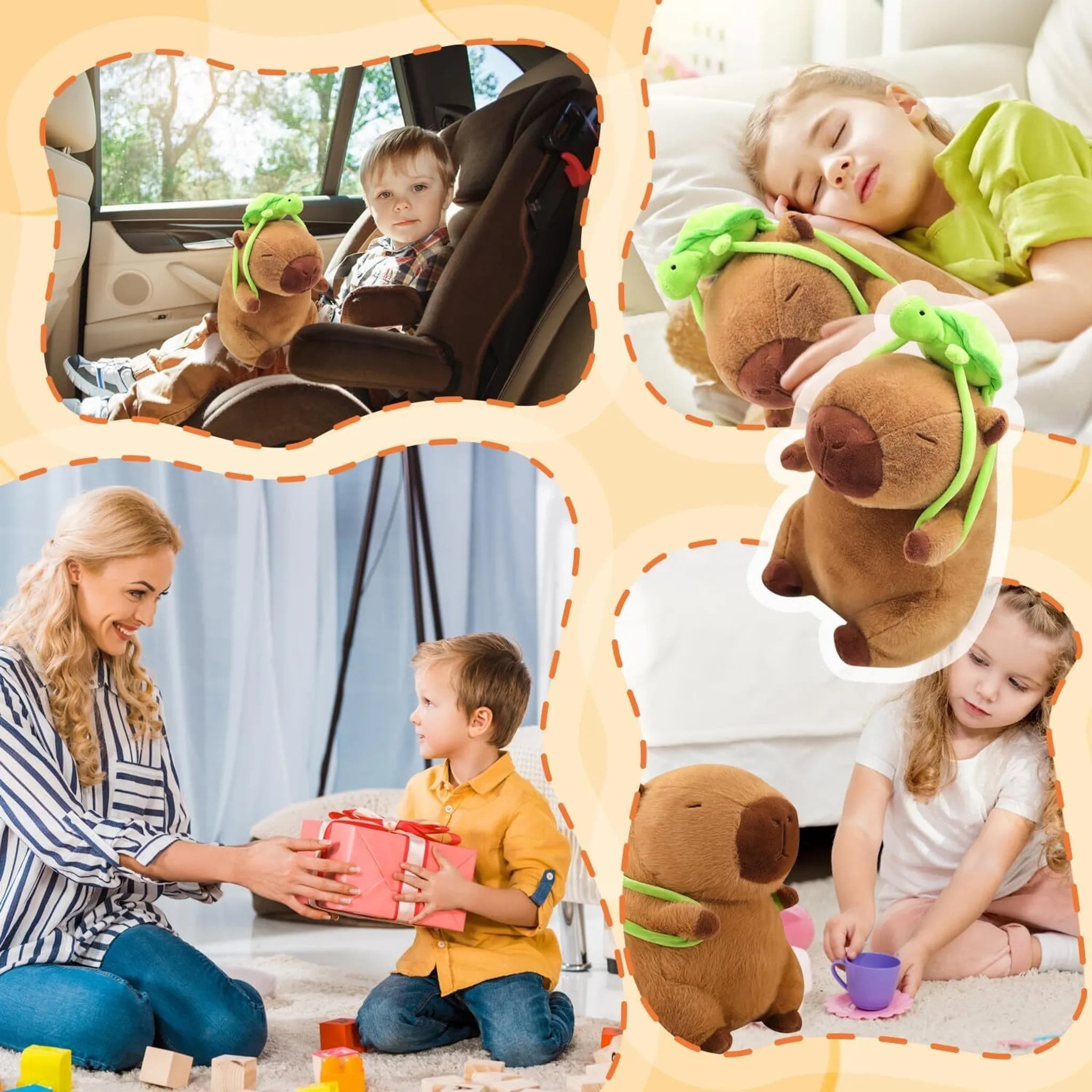 Eine Collage zeigt Kinder und Erwachsene mit einem braunen Capybara-Plüschtier mit einer grünen Schildkröte auf dem Kopf.