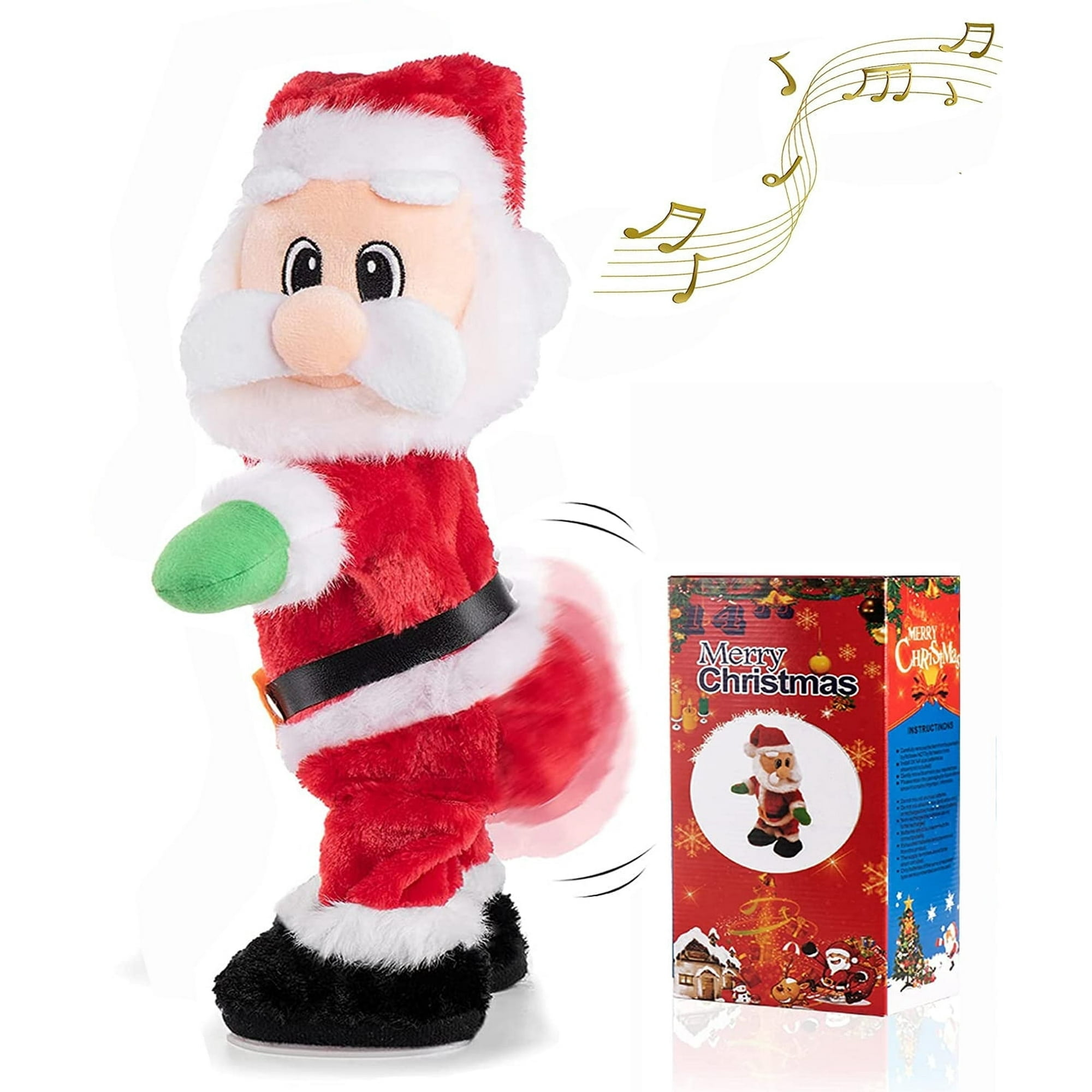 Ein Weihnachtsmann-Spielzeug wird gezeigt. Es ist rot und weiß mit einem grünen Fäustling. Darüber sind Noten.