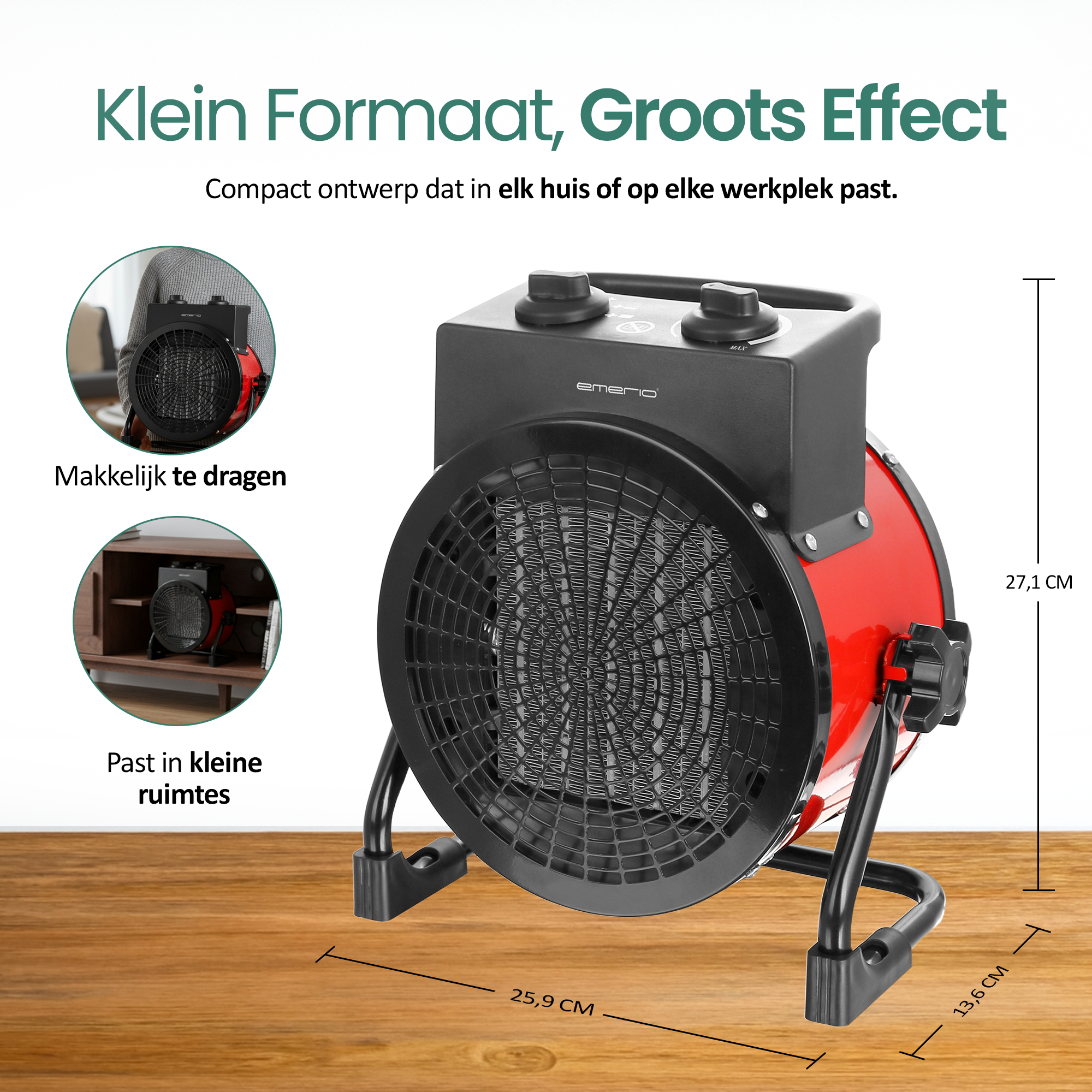 Een rood-zwarte elektrische kachel met afmetingen op een houten oppervlak.