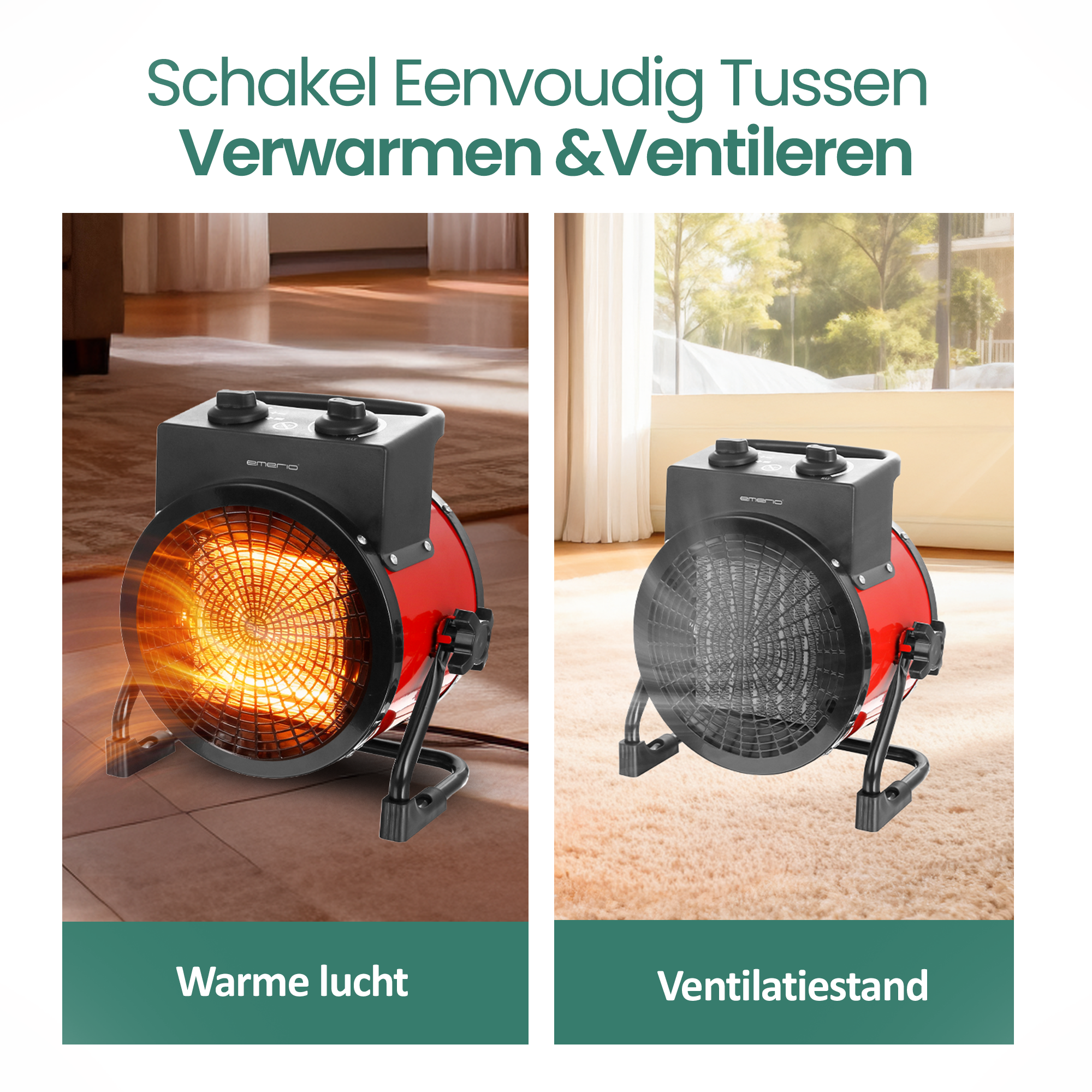 Afbeelding toont twee kachels met verschillende functies. Eén geeft warm licht af, de ander toont ventilatie. Beide zijn rood en zwart.