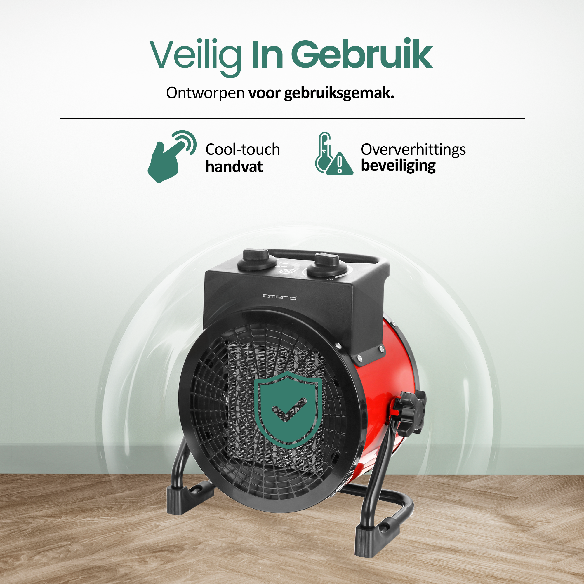 Een rode en zwarte elektrische kachel met een veiligheidsschild-icoon, op een houten vloer.