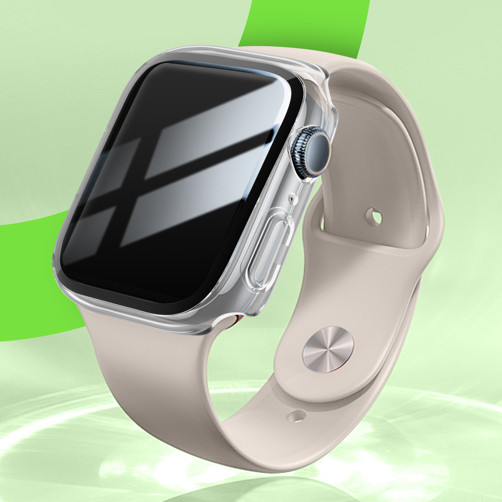 È mostrato uno smartwatch beige con una custodia trasparente. Lo sfondo è una sfumatura verde con una forma verde.