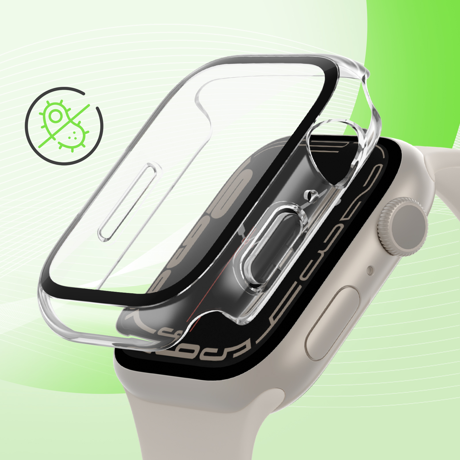 Un Apple Watch con custodia trasparente. Un'icona verde di germe è sullo sfondo. L'orologio è bianco sporco.