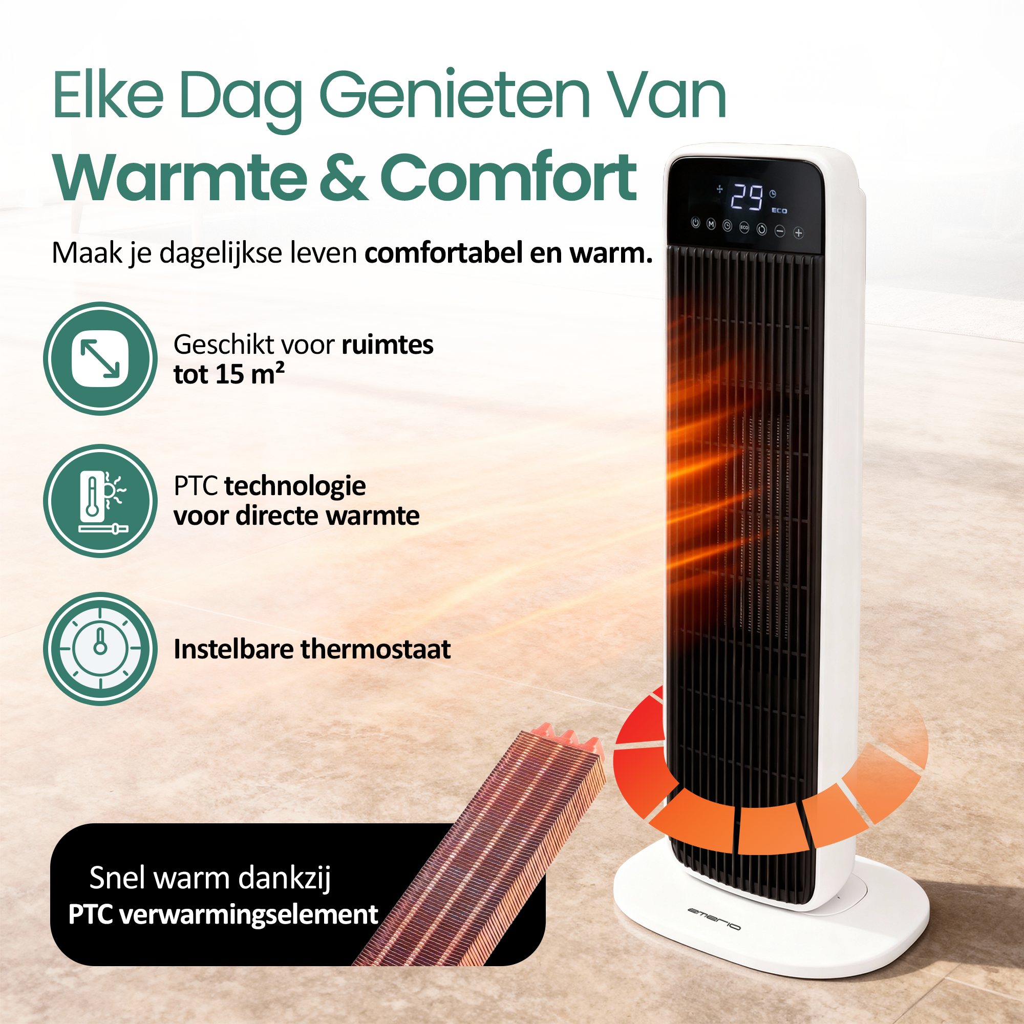Een wit-zwarte elektrische kachel met digitaal display. Tekst bevat 'Warmte & Comfort' en kenmerken van de kachel.