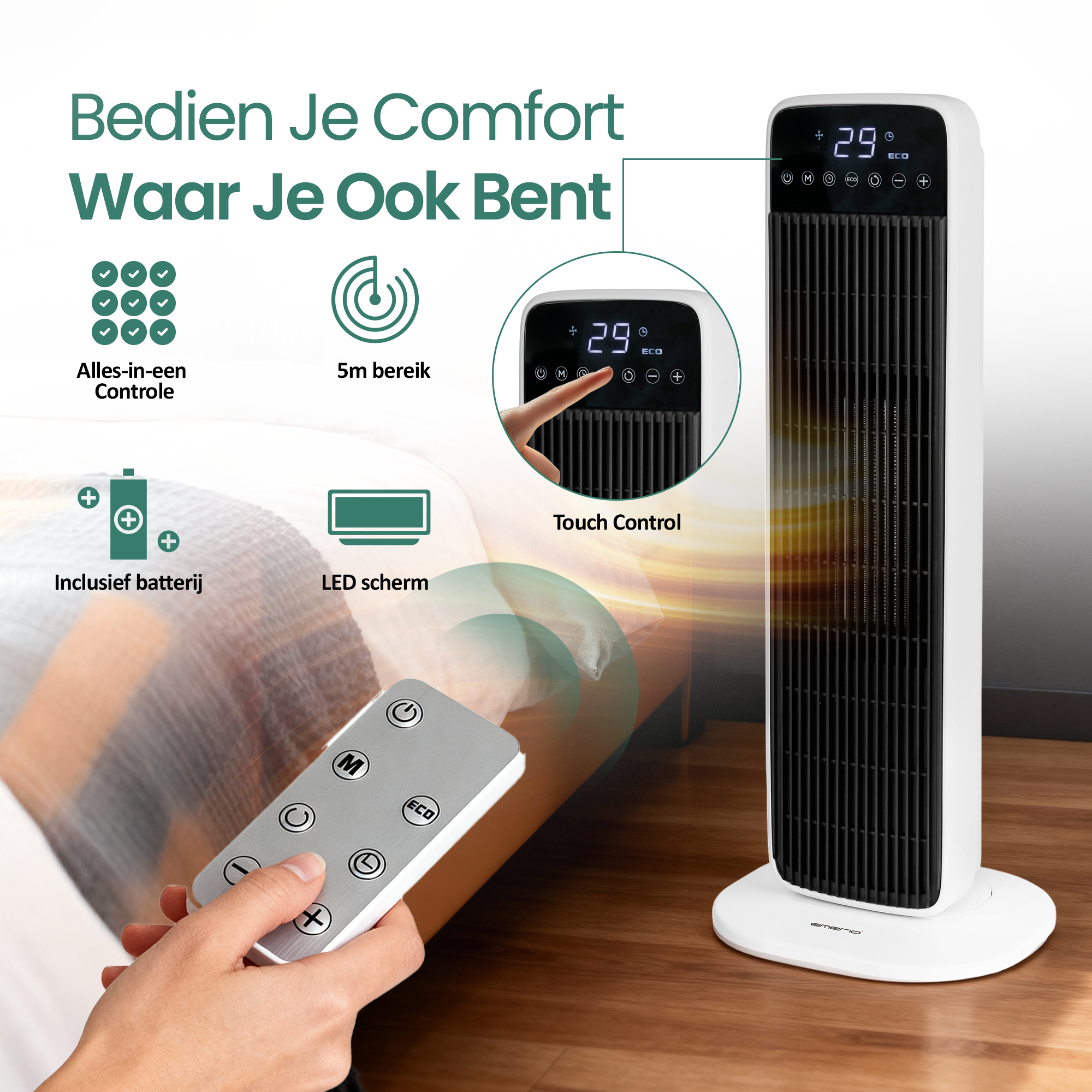 Een wit-zwarte kachel met afstandsbediening, met functies zoals aanraakbediening en een LED-scherm. De achtergrond is een slaapkamer.