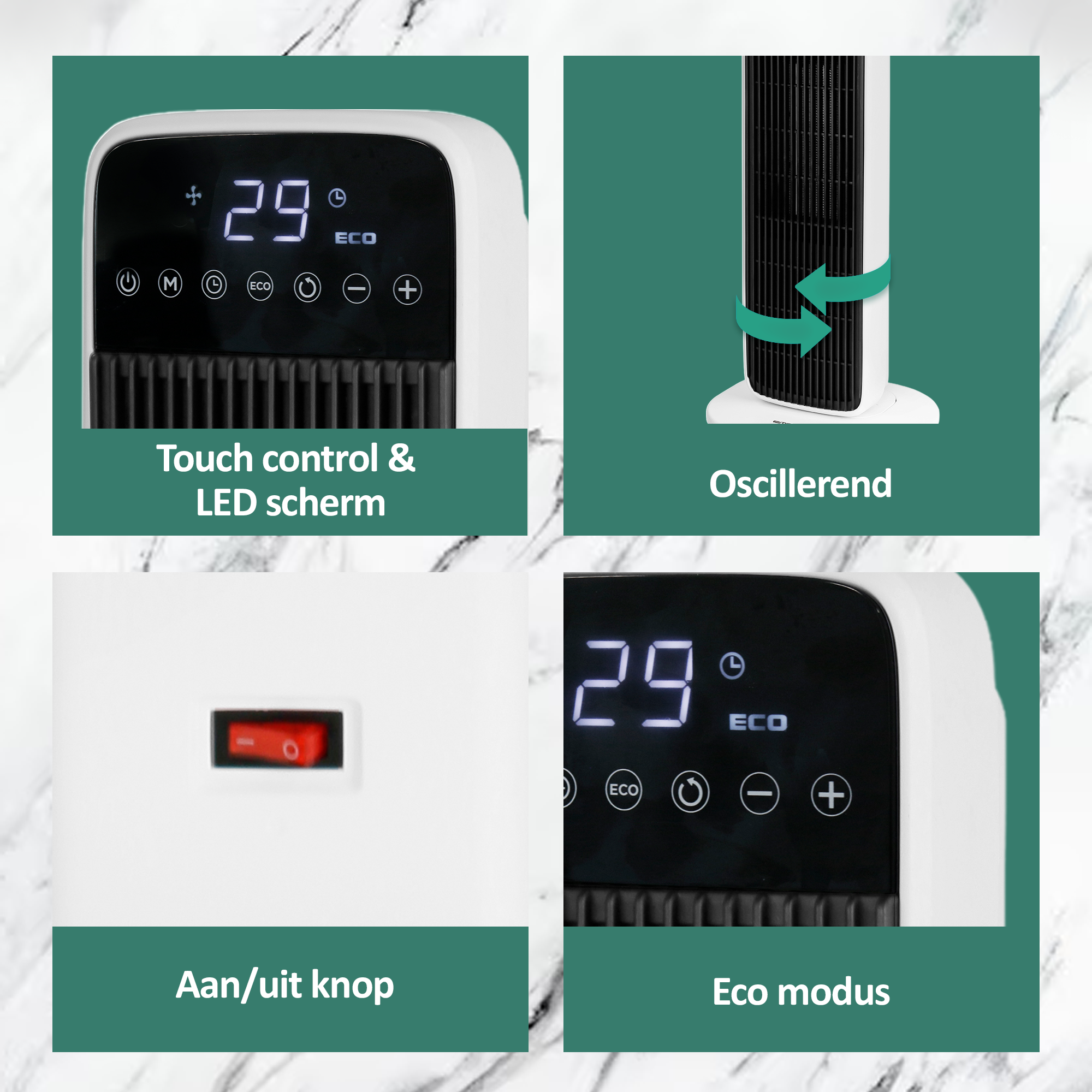 Een witte ventilator met een digitaal display met 29 graden. Voorzien van touchbediening, aan/uit schakelaar en eco-modus.