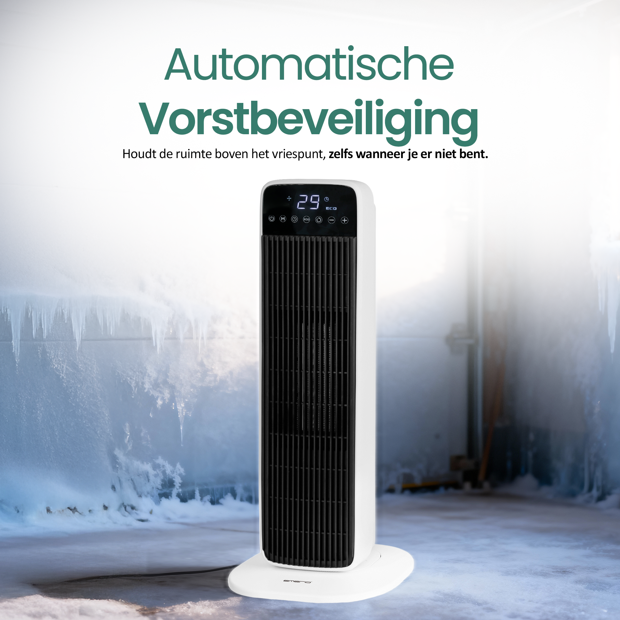Een wit en zwarte verwarming met een digitaal display toont 29 graden. De achtergrond toont een bevroren scène.
