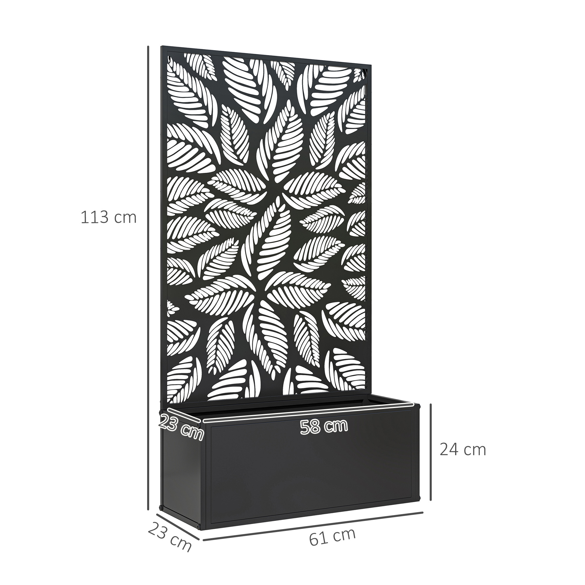 Fioriera in metallo nero con design a foglie. Dimensioni: 113x61x24 cm. Sfondo bianco. Misure etichettate.